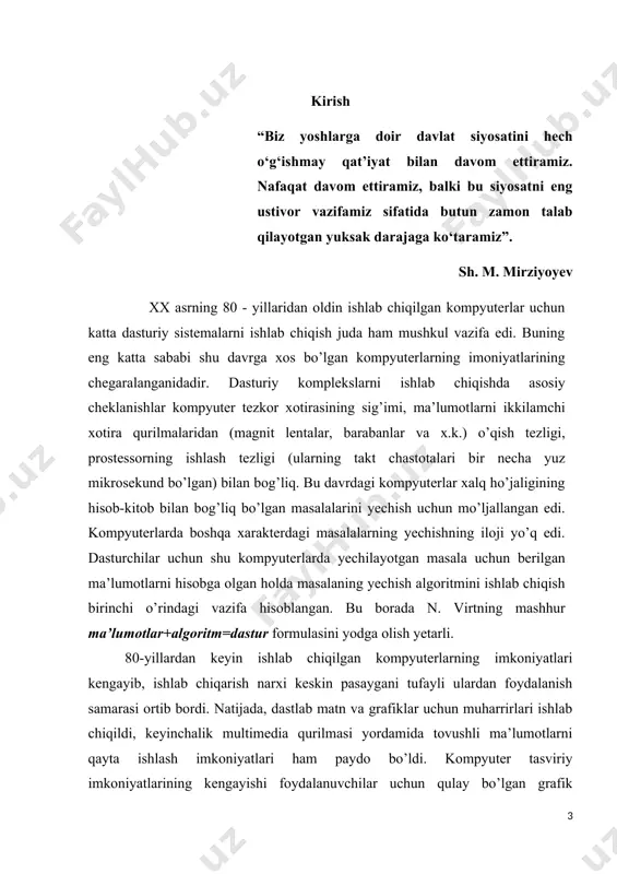 a. sababi agar bir ma’lumotlarni ekran orqali o’qisak va yozsak unda har safar dasturni ishga tushurganda ma’lumotlarni qaytadan kiritishga to’g’ri keladi bu esa ancha qiyinchiliklar tug’diradi. bundan tashqali natijalarni tahlil qilishda, ularni solishtirishda ham fayl oqimi bilan ishlash juda ko’p qulayliklarni olib keladi. birinchi bobda konsol rejimda ma’lumotlarni ekran orqali kiritish va chiqarish amallari ko’rib chiqilgan. c# tilining sintaksisi, ma’lumotlar tiplari haqida ma’lumotlar keltirilgan. har bir operatorning funksional imkoniyatlari misollar orqali tushuntirib berilgan. c# tilida ifoda, intruksiya va operatorlar haqida ma’lumotlar keltirilgan. tarmoqlash, takrorlash operatorlari va ularni har xil variantlari misollar orqali tushuntirib berilgan. bundan tashqari har bir operatorning funksional imkoniyatlari misollar orqali tushuntirib berilgan.obyektga mo’ljallangan dasturlash tillarining asosini sinf tashkil qiladi. qo’llanmaning ikkinchi bobi microsoft visual studio 2010 muhitida c# dasturlash tili yordamida fayllar bilan ishlash, ular ustida bajariladigan amallarga bag’ishlangan. bunda fayl va kataloglar ro’yxati ustida bajariladigan barcha metodlar o’rganib chiqilgan. bunda fayl va kataloglar ustida bajariladigan metodlar …