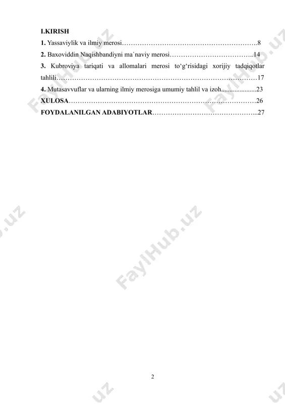 i uyg‘unlikni targ‘ib qilgan. najmiddin kubro esa kubroviya tariqatiga asos solib, ilohiy haqiqatni o‘rganishda yangi yo‘nalishlarni yaratgan. bugungi kunda tasavvuf ta’limotlarini chuqur o‘rganish va ularning qadriyatlarini jamiyat hayotiga tatbiq etish dolzarb masalalardan biri hisoblanadi. bu ta’limotlar inson axloqini yuksaltirish, yosh avlodni ma’naviy va intellektual tarbiyalash, shuningdek, ijtimoiy barqarorlikni ta’minlash uchun muhim asos bo‘lib xizmat qiladi. mazkur kurs ishida tasavvufning asosiy tamoyillari, mutasavvuflarning ilmiy va ma’naviy merosi, ularning jamiyat hayotidagi o‘rni va zamonaviy ta’lim tizimidagi ahamiyati tahlil qilinadi. mavzuning dolzarbligi: tasavvuf ta’limoti nafaqat islom dini doirasida, balki jahon miqyosida ma’naviy rivojlanishning eng yuqori namunalari sifatida e’tirof etiladi. bugungi globallashuv davrida insoniyat axloqiy qadriyatlar, ijtimoiy barqarorlik va ruhiy yuksalishga bo‘lgan ehtiyojni yanada chuqurroq his qilmoqda. tasavvufning asosiy tamoyillari bo‘lmish poklik, halollik, mehnatsevarlik, sabr-toqat va insoniylik qadriyatlari jamiyatning barcha qatlamlariga mos keladi. shu sababli, ahmad yassaviy, baxoviddin naqshband va najmiddin kubrolarning ma’naviy merosini o‘rganish va ularni zamonaviy hayotga tatbiq etish bugungi kunda dolzarb …