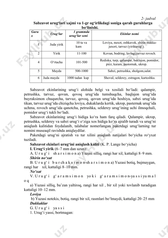 0 – 100 dona – rovoch, ismaloq, rediska, sholg‘om; 3) o‘rta yirik urug‘: 1 g da 150 – 350 dona – qalampir, karam, piyoz, pomidor, baqlajon, pasternak, bryukva, turpda; 4) mayda urug‘: 1 g da 600 – 900 dona – turp, sabzi, petrushka, ukrop, sachratqida; 5) juda mayda urug‘: 1 g da 1000 – 2000 dona – shovul, selderey, kartoshka, salat, estragonda (5000 – 6000). k. p. lange sabzavot ekinlari urug‘ini yirik-maydaligiga ko‘ra: juda mayda – 2 mm gacha, mayda – 2,5 mm, o‘rtacha yirik – 5 – 8 mm, yirik – 8 mm dan yirik bo‘lganlarga ajratadi. urug‘larning yirik-maydaligi va solishtirma og‘irligi doimiy emas. ular ona o‘simlikda joylashishiga va o‘stirish sharoitiga (iqlim, tuproq, agrotexnika va boshqalarga qarab) keskin o‘zgaradi. urug‘larning yirik-mayda bo‘lishi murtakning rivojlanishi uchun muhim ahamiyatga ega bo‘lgan zaxira oziq moddalar miqdorini bildiradi. mayda urug‘lardan nimjon, ancha ko‘p parvarish qilishni talab etadigan maysalar qiqadi. sabzavot ekinlari urug‘ining ko‘rinishi …