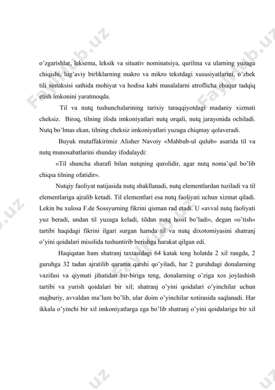 oqador hodisalar sifatida e’tirof etilgan. til ijtimoiy, nutq xususiy hodisa. tilning butun imkonioyatlari nutqda ifodalanadi. til va nutqning o’ziga xos jihatlari quyidagilarda namoyon bo’ladi. 1. til- munosabat asosi; nutq munosabat ifodasidir. 2. til jamiyatda shakllangan; nutq esa har bir shaxs faoliyatida namoyon bo’ladi. 3. tilning mavjudlik davri uzoq, ijtimoiy hayot bilan bog’liq; nutqning mavjudlik davri qisqa, u aytilgan paytdagina mavjud. 4. bir shaxs ayni zamonda bir nechs tilga ega bo’la oladi; shaxsning nutqi esa faqat bitta bo’ladi, negaki nutq ma’lum vaqtda va ma’lum makonda yuz beradi. 5. tilning hajmi noaniq, chegaralanmagan; nutqning hajmmi aniq: u dialog, monolog, ayrim matn, kitob ifodalari bo’ladi. 6. til qat’iy, turg’un hodisa; nutq o’zgaruvchan harakatdagi hodisadir. nutq jarayoni va so’zlash faoliyatini psixologik tilshunosllik o’rganadi. psixologik tiilshunoslik ham boshqa sohalar qatorida nutqni tiil bilan uzviylikda talqin etadi. til ma’lum miqdordagi nutq tovushlarining turli kombinatsiyasi bilan kishilar bir-birlariga bildiradigan so’zlar, grammatik vositalar va ulardan foydalanish qoidaliridan tashlik …