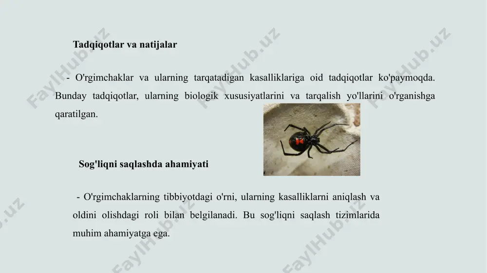 ish, allergiya va infektsiyalar kabi muammolarni keltirib chiqaradi. ularning oldini olish uchun gigiena muhim ahamiyatga ega. 2 tayga kanalari tayga kanalari asosan o'rmonlar va tog'larda yashaydi. ular kasallik tarqatishda muhim rol o'ynaydi, shuning uchun ulardan himoyalanish zarur. 3 oldini olish usullari tashqi faoliyatda himoya kiyimlari kiyish, insektitsidlar ishlatish va qichima yoki tayga kanalariga qarshi vaktsinalar yordamida oldini olish mumkin. 4 davolash usullari agar qichima yoki tayga kanalari bilan zararlanish kuzatilsa, dermatologga murojaat qilish va antiparazitar dori vositalarini qo'llash muhimdir. xulosa o'rgimchaklar va sog'liq o'rgimchaklar tibbiyotda muhim rol o'ynaydi, kasalliklarni tarqatishdagi ularning o'rni va xavflarini tushunish zarur. qishloq va tayga kanalar qishloq va tayga kanalarining biokimyoviy xususiyatlari odamlar va hayvonlar sog'ligiga salbiy ta'sir ko'rsatishi mumkin. oldini olish va davolash qichima va tayga kanalarining oldini olish va davolash usullari sog'liqni saqlashda muhim ahamiyatga ega, shuningdek, ularni bilish zarur. foydalanilgan adabiyotlar 1. shukurov, o. j. o'rgimchaklar va ularning inson salomatligiga ta'siri. yangi tibbiyot, …