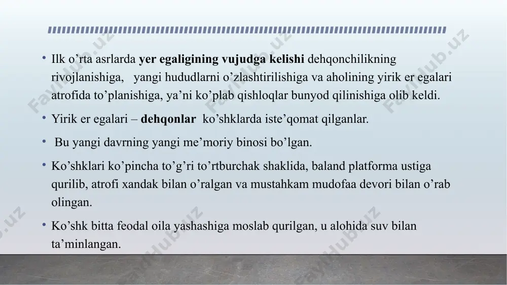agi yo’lovchi va karvondagilar uchun mo’ljallangan) masjidlar. al-ajar masjidi x asrga oid bo‘lib, kair xududidagi eng qadimgi masjidlardan biri sanaladi. islom dinining markazi bo‘lgan makka xududida dunyodagi eng katta masjid bunyod qilingan. bu har yili minglab musulmonlar ibodat qilish kelshadi. worlds together,worlds apart. w.w. norton.& company. new york. london. 2011, p.324-338. al-azhar masjidi x asrga oid al-azhar mosque. the tenth century 32 malidagi janna masjidi. ix asr boshlarida binolarni qurishda xom g’isht va paxsa ishlatilgan. keyinchalik ma’muriy va jamoa binolarini qurishda pishiq g’ishtdan foydalanila boshlangan. turar joy binolarini qurish ishlarida esa, sinch va paxsa asosiy o’rinni egallangan. pardoz ishlarida esa, somonli loysuvoq, ganch, sirlanmagan koshin va sopol plitkalardan foydalanganlar. xii asrdan sirlangan koshin va mayolika (parchin, sirlangan yaxlit o’ymakorlikda pishirilgan loy bo’laklari) ishlatish usuli kashf etilgan. qoshin parchalari. ix–x asrlarda xom g’isht va paxsadan bunyod qilingan imoratlar turli holatda saqlanib qolingan. afrosiyobda somoniylar qasrining bir qismi saqlangan. u nafis o’ymakorlik …