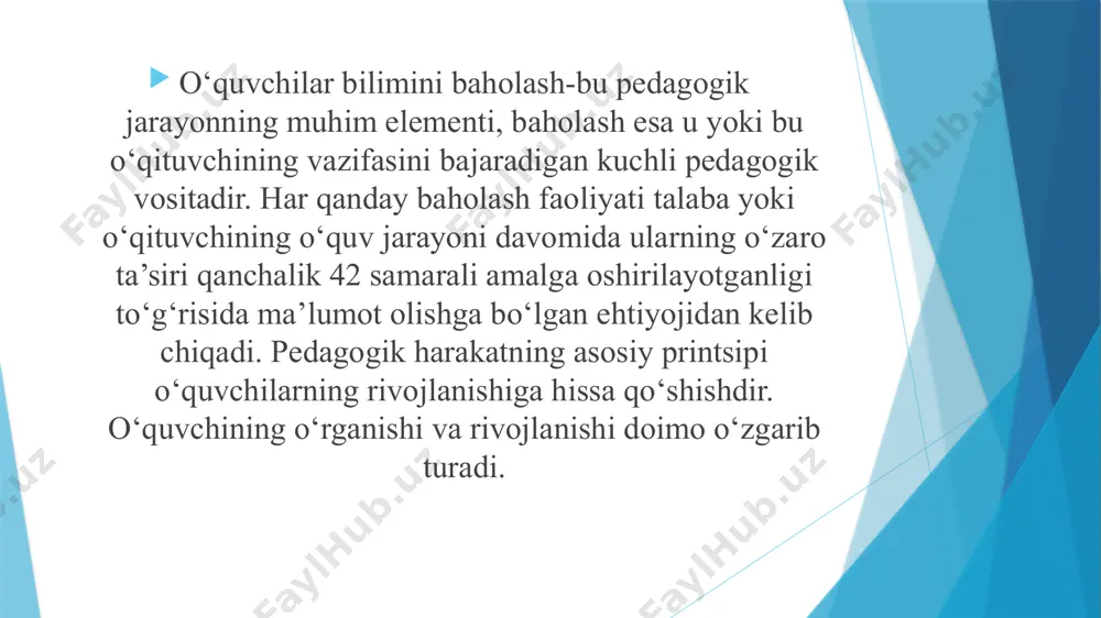 boshlanǵich baholash 2-joriy baholash 3-yakuniy baholash boshlang‘ich baholash; ta’lim jarayoni boshida tálim dástlabki bilim konikma,va malakalarini aniqlash ushun otkaziladi bunday baholash natijalari talim jarayonining mazmuni va metodlari,shakillarini tanlash imkonini beradi. joriy baholash; muntazam ravishda o‘tkazilib boriladi. u ta’lim jarayonidagi yutuq va kamchiliklarni, ta’lim jarayoni samarasini tezkor aniqlab borish, o‘quv jarayonini muvofiqlashtirish va ta’lim beruvchi va ta’lim oluvchi o‘rtasidagi qaytar aloqani ta’minlash imkonini beradi. yakuniy baholash; ta’lim oluvchining ta’lim jarayonining ma’lum davridagi o‘zlashtirish natijalarini belgilangan mezon va standartlarga javob berishini aniqlaydi yakuniy baholash ta’lim jarayonining ma’lum bosqichi yakunida o‘tkaziladi formativ baholash - bu o‘qituvchi tomonidan kundalik ishda beshta tarkibiy qismdan rejali va muntazam foydalanilishi : talabalarning o’z o’quv jarayonida faol ishtiroki o’z-o’zini hurmat qilish va tengdoshlarni qadrlash qayta aloqa baholashning talabalar motivatsiyasi ga ta’siri o’quv jarayonini sozlash summativ baholash muayyan oʻquv davri (chorak, oʻquv yili) oxirida, shuningdek oʻquv rejasiga muvofiq amalga oshiriladigan baholash turi oraliq nazorat, yakuniy nazorat, bosqichli imtihon va …