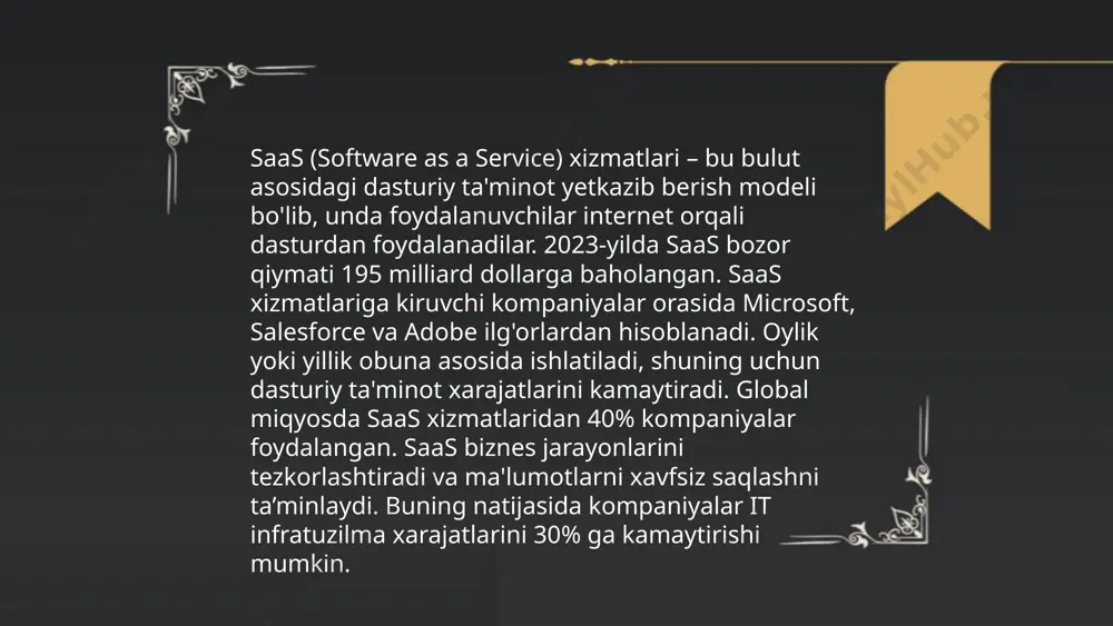 moliya va sog'liqni saqlash sohalarida ma'lumotlarning mavjudligi samaradorlikni oshiradi. ma'lumotlarni to'plash va qayta ishlashda xavfsizlik masalalari dolzarbdir. bulutli ilovalar va ularning afzalliklari eshmurodov islombek e'tiboringiz uchun raxmat! image1.png image2.png image3.png image4.jpg image5.jpg image6.jpg image7.jpg /docprops/thumbnail.jpeg