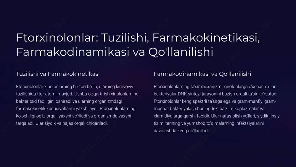 iyalarini davolashda ham ishlatiladi. 5 xinolonlarning salbiy ta'sirlari va ularni qo'llashda ehtiyot chorasi salbiy ta'sirlar xinolonlar samarali antibiotiklar bo'lsa-da, ular bir qator salbiy ta'sirlarga ega bo'lishi mumkin. eng ko'p uchraydigan salbiy ta'sirlarga qorin og'rig'i, ko'ngil aynishi, qusish, diareya, bosh aylanishi va uyqusizlik kiradi. jiddiy salbiy ta'sirlar ba'zi hollarda, xinolonlar jiddiyroq salbiy ta'sirlar, masalan, tendonlarning yallig'lanishi, jigar faoliyatining buzilishi va allergik reaktsiyalarni keltirib chiqarishi mumkin. qo'llashda ehtiyot chorasi xinolonlarni qo'llashda ba'zi ehtiyot choralari ko'rilishi kerak. masalan, homiladorlik va emizish davrida xinolonlarni qo'llash tavsiya etilmaydi. maxsus holatlar buyrak yoki jigar kasalliklariga chalingan bemorlar epilepsiya bilan og'rigan bemorlar ushbu bemorlar xinolonlarni qo'llashda ehtiyot bo'lishlari kerak. 6 ftorxinolonlarning salbiy ta'sirlari va ularni qo'llashda ehtiyot chorasi eng ko'p uchraydigan salbiy ta'sirlar ftorxinolonlar, xinolonlarga o'xshash, samaradorligi bilan birga bir qator salbiy ta'sirlarga ham ega bo'lishi mumkin. eng ko'p uchraydiganlar qatoriga ko'ngil aynishi, qusish, diareya, bosh og'rig'i va bosh aylanishi kiradi. jiddiyroq salbiy ta'sirlar ba'zi bemorlarda tendonlarning …