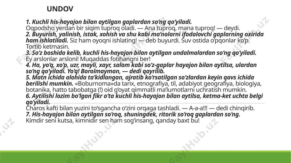 degan edi sa’diy sheroziy. 2. sitatalar qo‘shtirnoq ichida yoziladi. buyuk yozuvchimiz a. qahhorning quyidagi gaplari halihanuz o‘z ahamiyatini yo‘qotgani yo‘q: «yozuvchi adabiyotga ikki xil kiradi: birinchi asari bilan tutab, biri yashnab kiradi. tutab kirgan yozuvchi uzoq tutaydi, ko‘nglidan chiqarib emas, qornidan chiqarib yozadi. yozuvchilikka cho‘g‘day yashnab kirgan yozuvchi asardan asarga yashnayveradi...» 3. ko‘chma ma’noda qo‘llangan so‘zlar, kesatiq, piching, do‘q-po‘pisa va shu kabi ma’nolarni bildiruvchi leksik birliklar qo‘shtirnoq ichida yoziladi. bu safar botirovning «jinoyati» o‘n bir yillik qamoq bilan «taqdirlandi». 4. badiiy asarlar, gazeta, jurnal, musiqa asarlari, spektakl va kartina nomlari qo‘shtirnoq ichida beriladi. «lison ut-tayr» (qush tili) asari haqida suhbatlashdik. «ma’rifat» gazetasi. 5. korxona, muassasa, tashkilot, zavod, fabrika, mehmonxona, kema nomlari qo‘shtirnoq ichida yoziladi. «uzdunrobita» qo‘shma korxonasi, «kochxolding» konserni, «kamolot» ijtimoiy harakati. 6. transport (mashina, samolyot, avtobus va sh.k.) larning markasini bildirgan so‘zlar, mahsulotlarning nomini ifodalovchi leksik birliklar qo‘shtirnoqqa olinadi «neksiya» ursumli yengil mashina, hojimatov damlamasi». 7. ayrim orden va …