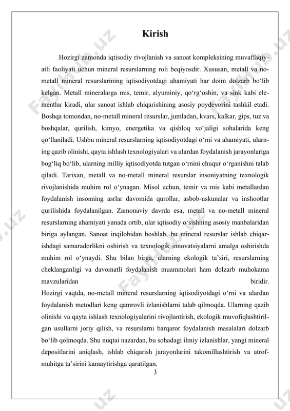 dir. bu izlanishlar, yosh olimlar va amaliyotchilar uchun resurslarni barqaror va samarali boshqarish bo‘yicha muhim ilmiy asos bo‘lib xizmat qiladi. umuman olganda, no-metall mineral resurslarning xalq xo‘jaligidagi o‘rni va ularning barqaror foydalanish yo‘llarini o‘rganish, milliy iqtisodiyotning rivojlanishiga katta hissa qo‘shadi. bu sohada olib boriladigan ilmiy izlanishlar, resurslarni samarali boshqarish, atrof-muhitni muhofaza qilish va texnologik innovatsiyalarni joriy etish kabi muhim vazifalarni hal qilishda asosiy rol o‘ynaydi. bu tadqiqot, mamlakatlarning iqtisodiy barqarorligini ta’minlash va global bozorlar bilan raqobat qilish imkoniyatlarini kengaytirishga xizmat qiladi. shu bilan birga, u kelajakda resurslar bilan bog‘liq muammolarni bartaraf qilish va ekologik xavfsizlikni ta’minlash uchun zamin yaratadi. i. nomoʻmetal mineralarning asosiy turlari va ularning xossalari nomoʻmetal mineralarning asosiy turlari va ularning xossalari haqida gapirganda, avvalo, ularning kimyoviy va fizik xususiyatlarini tushunish muhimdir. nomoʻmetal mineralari — metallarga kiradigan bo‘lmagan, ammo iqtisodiy va sanoat faoliyatida muhim o‘rin tutadigan mineral resurslardir. ular odatda, kimyoviy tarkibiga va geologik joylashuviga qarab, turli turlarga …