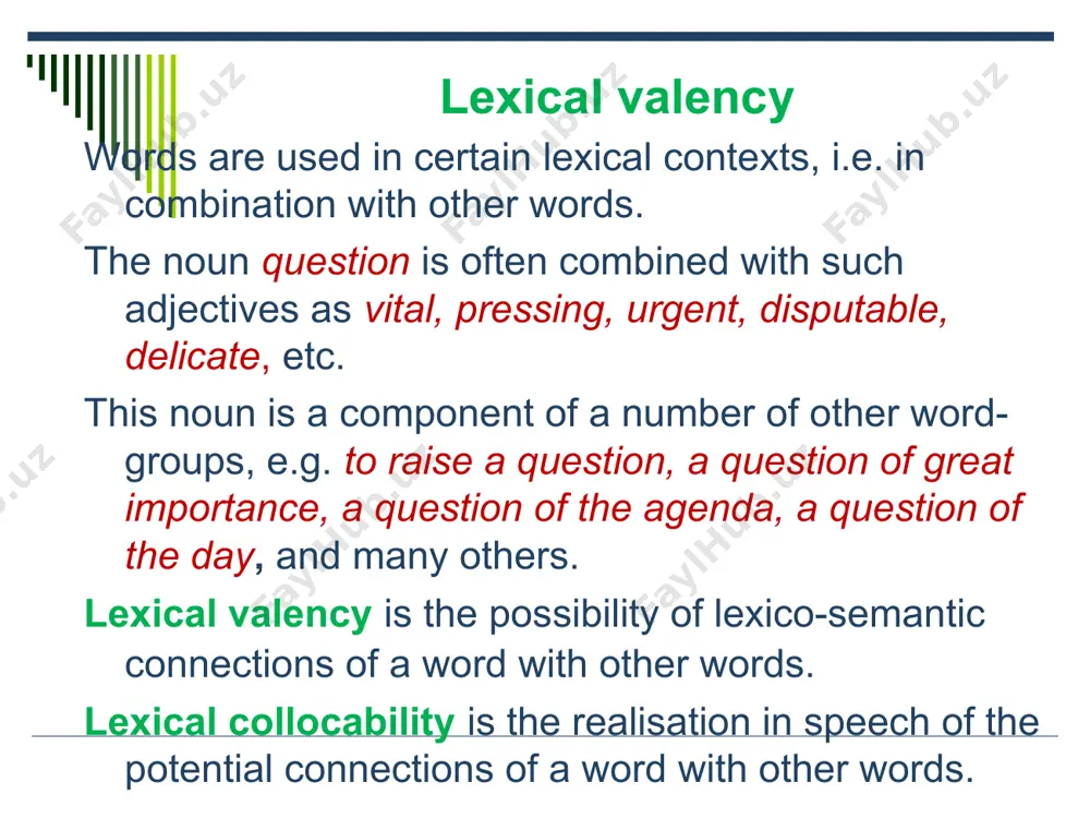 e.g., the patterns of the verbal groups to read a book, to wash a car are to read + n, to wash + n; to rely on somebody – to rely+on+n. syntactic pattern implies the description of the structure of the word-group in which a given word is used as its head. the interdependence of the pattern and meaning of head-words can be easily perceived by comparing word-groups of different patterns in which the same head-word is used. three patterns with the verb ‘get’ as the head-word represent three different meanings of this verb: get+n (get a letter, information, money, etc.); get+ +to +n (get to moscow, to the institute, etc.); get+n+v(inf.) (get somebody to come, to do the work, etc.). notional member-words are habitually represented in conventional symbols whereas prepositions and other form-words are given in their usual graphic form. this is accounted for by the fact that individual …