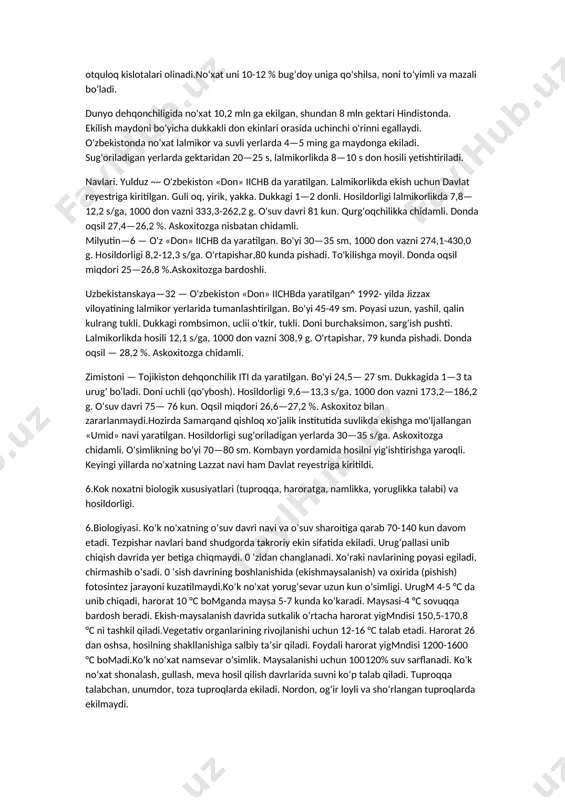 namlikning yetishmasligi turgorning pasayishiga, barglarning so'lishiga sabab bo'ladi. gullash davrida davomli qurg'oqchilik erta va o‘rtapishar navlar hosilining keskin pasayishiga va urug'lik tuganaklar mahsuldorlik sifatlarining pasayishiga olib keladi.tuganaklaming hosil bo'lish davrida harorat 19—20 °c tuproq namligi chdns ning 100 % i atrofida bo'lsa tuganaklar hosili eng yuqori bo'ladi (b.a. pisarev).gullash boshlanishidan poya va barglarning o'sishi to'xtaguncha bo'lgan davrda kartoshkaning namlikka bo'lgan talabi eng yuqori bo'ladi. bu davrda tuproq optimal namligi eng past chegarasi chdns 70 % dan yuqorisi 100 % darajada ushlanadi.kartoshkaning transpiratsiya koeffitsienti 400—500 va u o'sish sharoitiga bog'liq holda 230—700 gacha o‘zgarishi mumkin. 0 ‘zbekiston sharoitida 25—30 t/ga tuganak hosili olish uchun 2000—12000 t/ga suv sarflanadi. issiq kunlari bir tup o'simlik bir sutkada 4 1 suv bug'latishi mumkin. yorug‘lik. kartoshka yorug'sevar o'simlik. yorug'lik yetishmasa u kam va sifatsiz tuganaklar hosil qiladi. kuchsiz soyalangan joylarda poyalar cho'ziladi, poya va barglar kuchsiz sarg'aya boshlaydi, tuganaklarning hosil bo'lishi kechikadi. kuchli soyalanganda poyalar …