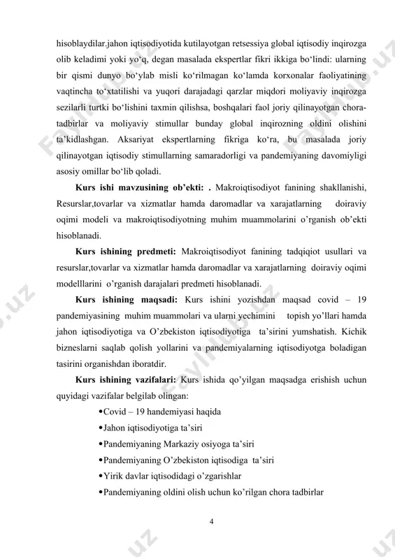 foiz deb hisoblamoqda. jahon banki o‘z xulosasida markaziy osiyoda iqtisodiy inqiroz keskin bo‘lishini bashorat qilgan holda, bu ko‘rsatkichni -4,4 foiz va -2,8 foiz degan. o‘zbekiston uchun o‘sish 1,6 foiz bo‘lishi bashorat qilingan, bu esa inqrozdan oldingi 5,7 foizdan ancha pastdir. jahon banki o‘z bashoratida ko‘pgina omillarning noaniq bo‘lib qolayotganiga urg‘u bergan. yakunda aynan shularga asosan hudud malakatlaridagi iqtisodiy o‘sishning qanday ekani ma'lum bo‘ladi. albatta iqtisodiy o‘sishning pasayishiga o‘zbekistonning asosiy savdo hamkorlari (xitoy, rossiya, turkiya) iqtisodiyotidagi pasayish ham ta'sir qiladi. yana bir muhim omil – xomashyo bozorlaridagi pasayish bilan bog‘liq ishbilarmonlik faolligining sustligi. shuningdek, neft narxining pasayishi ham sezilarli darajada ta'sir qiladi. ko‘p jihatdan mana shu tashqi omillar barqarorlashsa, o‘zbekiston iqtisodiyotida o‘sish bo‘lishi mumkin.optimistik prognozlarga ko‘ra, agar pandemiya jilovlansa, yuqorida tilga olingan mamlakatlar iqtisodiyoti uchinchi chorakda tiklanib olishi kutilmoqda. shunda karantin choralari yengillashtiriladi va bosqichma-bosqich bekor qilinadi, bu esa iqtisodiyot yana normal iziga qaytishiga imkon beradi.masalan, mehnat migrantlaridan pul o‘tkazmalarining ko‘p …