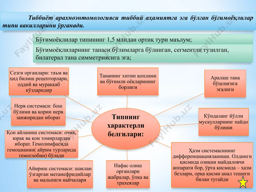 нка – нимфа – имаго) ривожланади. нимфасида жинсий тешиги бўлмайди, бир личинкали босқичининг бошқа личинкали босқичга ўтиши қон билан озиқланишга боғлиқ иқсод каналар ривожланиши битта, иккита, учта хўжайин организмида бўлиши мумкин; личинка ва нимфа – майда умуртқалилар, вояга етгани – йирик умуртқалилар қони билан озиқланади иқсод каналар фақат касаллик қўзғатувчилари ташувчиси бўлмасдан, балки трансовариал йўл билан касаллик қўзғатувчиларини тарқатади кана эктопаразит сифатида организмда яллиғланиш ва аллергик реакциялар чақиради иқсод каналар оиласига ixodes ва dermacentor авлодлари киради тайга канаси -ixodes persulcatus –тайга энцефалити ва баҳорги – ёзги энцефалит қўзғатувчиларининг табиий манбаси ва ташувчиси ташқи томондан ит канасига ўхшаш сибир ва узоқ шарқнинг тайга ҳудудида учрайди кўпчилик турлари сут эмизувчилар, одам ва қушларда паразитлик қилади ёввойи табиатдаги ҳайвонлар орасида тайга энцефалити қўзғатувчи вирус айланиб юришини таъминлайди 1 2 3 4 5 аргас каналар –argasidaeоиласининг иқсод каналардан фарқи дорсал қалқони йўқ иссиқ иқлимли мамлакатларда тарқалган, ёпиқ жойларда ҳайвонлар инида, одам яшайдиган биноларда яшайди …