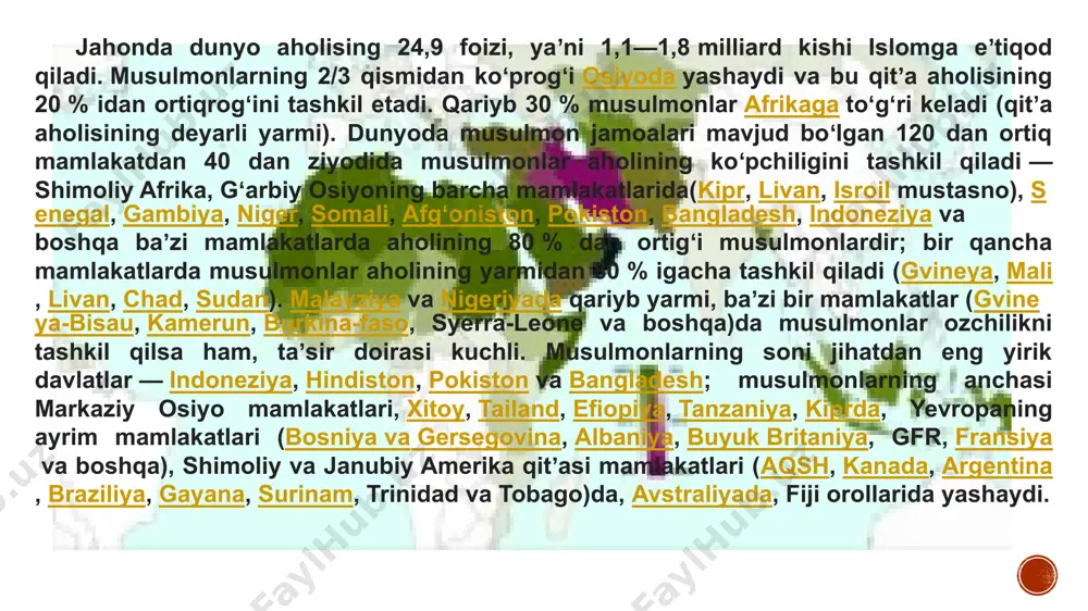 itoat etish, o’zini olloh irodasiga topshirishni bildiradi. islom diniga eʼtiqod qiluvchilar arabcha “muslim”- “islomni qabul qilgan”, “itoatli”, “sadoqatli” demakdir. koʼpligi “musulmon” deb ataladi. bu soʼz hozir oʼzbek, qirgʼiz va qozoqlarda – musulmon, ukraina va rossiyada – basurman nomi bilan ataladi. umumiy tarzda, islom – olloh yagona degan eʼtiqod bilan unga boʼysunmoqlik, itoat etmoqlik va butun qalb bilan ihlos qilmoqlik va olloh buyurgan dinga iymon (ishonch) keltirmoqlik demakdir. islomning paydo boʼlishi vi asr oxiri – vii asr boshlarida arabiston yarim orolida yuz bergan ijtimoiy iqtisodiy ahvol va maʼnaviy hayot bilan bogʼliq holda roʼy bergan. birinchidan, bu davr arablar katta – kichik qabila va urugʼlarga boʼlinib ketgan boʼlib, ular oʼrtasida doimiy kelishmovchilik, urush va janjallar roʼy berib turadi. ikkinchidan, bu davrda arabistonda koʼp xudolilik dinlari mavjud boʼlgan. asosan fetishizm – turli sanamlarga sigʼinish hukmronlik qiladi. har bir qabilaning oʼz dini sanami boʼlib 360 dan ortiq sanam makkada saqlanadi. ularni arablar vaqti-vaqti bilan …
