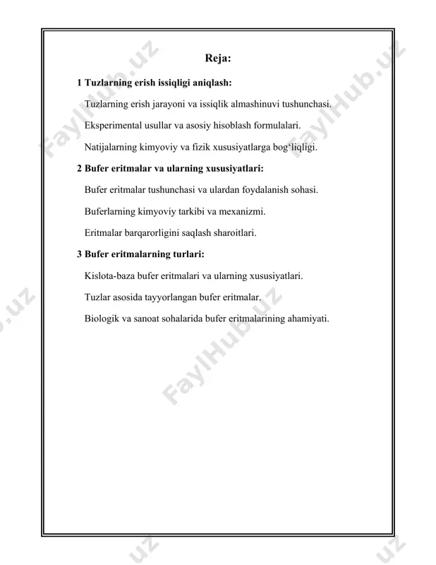 us suvdagi holatiga o‘tishi ko‘rsatiladi biologiya sanoat va kimyo sohalarida amaliy ahamiyatga ega biologiyada bu biologik eritmalar va organizmda sodir bo‘ladigan jarayonlarni tushunishda qo‘llaniladi sanoatda esa issiqlik almashinuvi jarayonlarida va eritmalar tayyorlashda kimyoda esa kimyoviy reaksiya kinetikasi va termodinamikani o‘rganishda muhim hisoblanadi 1 rasm (tuzlarning erish issiqligi). tuzlarning erish jarayoni va issiqlik almashinuvi tushunchasi tuzlarning suvda yoki boshqa erituvchilarda erishi jarayonida issiqlikning ajralishi yoki yutilishini ifodalaydi bu jarayonda tuzning ionlari kristall panjarasidan ajralib chiqadi va erituvchida harakatlanadi bunda energiya almashinuvi yuz beradi ya’ni ba’zi hollarda issiqlik ajraladi va bu jarayon ekzotermik bo‘ladi ba’zan esa issiqlik yutilib endotermik bo‘ladi tuzlarning erish jarayoni ionlarning solvatatsiyasi va ularning erituvchi bilan o‘zaro ta’siri natijasida yuz beradi eksperimental usullar va asosiy hisoblash formulalarida kalorimetrik usul eng ko‘p qo‘llaniladi kalorimetr yordamida tuzning belgilangan miqdori suvga eritilib issiqlik o‘lchanadi va q m c delta t formulasi orqali hisob-kitob qilinadi bu yerda q yutilgan yoki ajralgan issiqlik m …