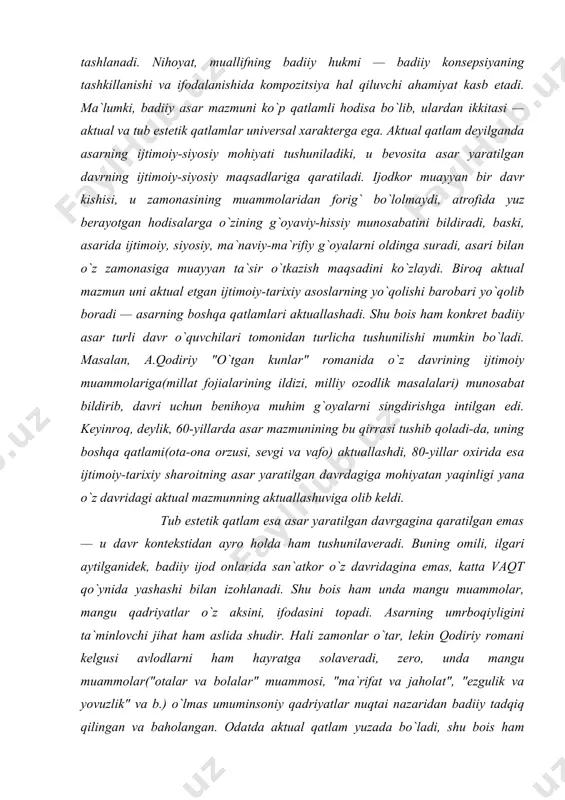 aktuallashuviga olib keldi. tub estetik qatlam esa asar yaratilgan davrgagina qaratilgan emas — u davr kontekstidan ayro holda ham tushunilaveradi. buning omili, ilgari aytilganidek, badiiy ijod onlarida san`atkor o`z davridagina emas, katta vaqt qo`ynida yashashi bilan izohlanadi. shu bois ham unda mangu muammolar, mangu qadriyatlar o`z aksini, ifodasini topadi. asarning umrboqiyligini ta`minlovchi jihat ham aslida shudir. hali zamonlar o`tar, lekin qodiriy romani kelgusi avlodlarni ham hayratga solaveradi, zero, unda mangu muammolar("otalar va bolalar" muammosi, "ma`rifat va jaholat", "ezgulik va yovuzlik" va b.) o`lmas umuminsoniy qadriyatlar nuqtai nazaridan badiiy tadqiq qilingan va baholangan. odatda aktual qatlam yuzada bo`ladi, shu bois ham ba`zan asar yaratilgan davrda o`quvchilarning tub estetik qatlamni ilg`ab olishlariga, uni munosib baholay olishlariga halal berishi ham ("lolazor" romani) mumkin. konkret badiiy asar mazmuniga ta`sir etuvchi muhim omillardan biri ijodkor dunyoqarashidir. inson voqelikni, unda yuz berayotgan hodisalarni o`zining dunyoqarashi bilan bog`liq holda ko`radi. shunga ko`ra, biz "real voqelik" deb atayotgan …