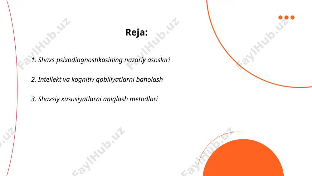 lar, intervyular va kuzatishlarni o‘z ichiga olgan psixologik baholash usullari keng qo‘llaniladi. myers-briggs tipologiya indikatori (mbti), minnesotalik ko‘p fazali shaxsiyat savollari (mmpi) va big five shaxsiyat testlari eng mashhurlaridan. mbti shaxsiyatni 16 turga bo‘lishni taklif qiladi. big five esa shaxsiy xususiyatlarni beshta asosiy o‘lchov bo‘yicha baholaydi: ochiqlik, vijdonlilik, ekstravertlik, kelishuvchanlik va emotsional barqarorlik. biomatrik usullar (masalan, barmoq izlari) va baholovchi markazlar orqali ham shaxsiy xususiyatlarni aniqlash mumkin. har bir usulning o‘z afzallik va kamchiliklari mavjud bo‘lib, ular turli maqsadlar uchun ishlatiladi. ... t.me/slaydai_bot 4. stres va emocional holatlarni baholash stress va emosional holatlarni baholash insonning ruhiy va jismoniy salomatligi uchun muhim hisoblanadi. tadqiqotlarga ko'ra, o'zbekistonda har 10 kishidan 4 tasi stress bilan bog'liq muammolarni doimiy ravishda boshdan kechiradi. stress darajasini o'lchash uchun turli testlar va ko'rsatkichlardan foydalaniladi, jumladan, srrs (social readjustment rating scale) va pss (perceived stress scale) kabi shkala testlari. shuningdek, cortisol darajasini o'lchash biologik usullardan biridir. tadqiqotlar natijalariga …