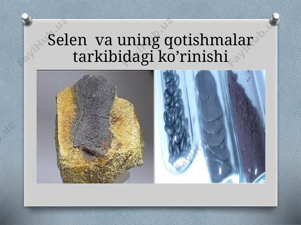 o4- bariy selenat fe2(seo4)3- tellur selenat, cr(seo4)2 – xrom selenat, mn2(seo4)7- marganes selenat va boshqa bir qator brikmalari mavjud reaksiyalari: h2o +se =h2se o2 + se=seo2 6h2o + 2se =h2seo3+h2 4h2o+se= h2seo4+ 3h2 ba+h2seo4=baseo4+h2 selenvodorod rangsiz gaz bo’lib o’zidan o’ta yoqimsiz hid chiqararadi, uning suvli eritmasi kislota deyiladi.molekulalarni zichlig quyidagi yo’nalish bo’yicha kamayib boradi. h2o→ h2s→ h2se→ h2te selenni aniqlashning ko’pchilik metodlari element holatigacha qaytarilishiga asoslangan. selinni aniqlashda tiomochevina, hcl ning gidroksilamini, yodidlar, vodorod rodonid kislotasi, pirrol, assimetrik difenilgidrazin, metil ko’ki va oq natriy sulfid reativ sifatda qo’llaniladi. reaktiv reaksion qobiliyat shakli reasiya natijasi topilish minumumi xaqit beradigan ionlar tiomochevina se(4) nim pushti (och qizil) cho’kma 5 te, no2--, cu, hg,bi,au, pt,pd xlorid kislotaning gidroksiamini se(4) --//-- 5 ko’pgina elementlar bunda te halaqit bermaydi yoditlar se(4) qizil jigar cho’kma 40 as(3),ge(4), mo(6), tellur xalaqit bermaydi selenni miqdor jixatdan aniqlashda gravimetrik metod yordamida va boshqa metodlardan foydalaniladi, gravimetrik metod gutber tomonidan …