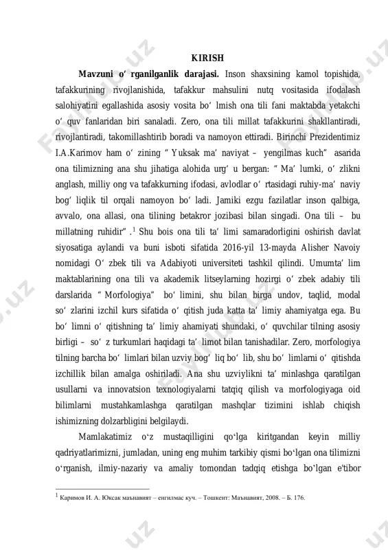 lgan akademik litsey va kasb-hunar kollejlari oliy o’ quv yurtlarida taxsil olayotgan, zamonaviy kasb-hunar va ilm-ma’ rifat sirlarini o’ rganayotgan, hozirdanoq ikki-uch tilda bemalol gaplasha oladigan ming-minglab o’ quvchilar, katta hayotga kirib kelayotgan o’ z iste’ dodi va salohiyatini yorqin namoyon etayotgan yosh kadrlarimiz misolida ana shunday orzu– intilishlarimiz bugunning o’ zida o’ z hosilini berayotganining guvohi bo’ lmoqdamiz. 5 eng muhimi shundaki, “ portlash effekti” ning haqiqiy mohiyati va ahamiyati vaqt o’ tishi bilan biz tarbiya qilayotgan sog’ lom va barkamol avlodning safimizga tobora ildam kirib borishi bilan yanada yaqqolroq seziladi. kadrlar tayyorlash milliy dasturining amalga oshirish jarayonida maktab ta’ limi, ayniqsa, umumta’ lim maktablarining moddiy-texnik bazasini 2 i.a.karimov '' o’zbekiston buyuk kelajak sari". – toshkent:o’zbekiston, 1998. –b. 19. 7 3 i.a.karimov. “barkamol avlod orzusi”. toshkent 2002 yil. 4 i.a.karimov. “yuksak ma’naviyat engilmas kuch”. toshkent 2008. 5 i.a.karimov. “barkamol avlod o’zbekiston poydevori”. toshkent 2004. mustahkamlashga e’ tiborni kuchaytirish biz …