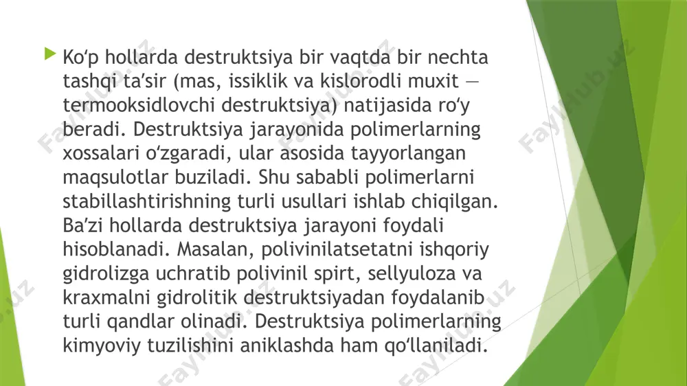 ikatorlar, boʻyoqlar ham boʻladi. plastifikatorlar yuqori temperaturada p.ning plastikliligini oshiradi va qoliplangan mahsulotni qayishqoq hamda sovuqqa chidamli qiladi. termoplastlar sovuqqa chidamsiz, 60—100° dan yuqori temperaturada mustahkamligini tez yoʻqotadi. lekin koʻpchilik termoplastlar zarbga chidamliligi, dielektrik tavsiflarining yuqoriligi, optik shaffofligi, ulardan murakkab shaklli buyumlar qoliplash osonligi bilan reaktoplastlardan farq qiladi. reaktoplastlar tarkibida isitilganda yoki katalizatorlar (fenolformaldegid va karbamid smolalar) hamda qotirgichlar (epoksid smolalari, polisiloksanlar, toʻyinmagan poliefirlar) taʼsirida toʻrsimon tuzilishga ega boʻlgan polimerlar hosil qilib qotadigan polimerlar boʻladi. reaktoplastlardan tayyorlangan buyumlar qotganidan keyin issiqlik taʼsirida buzilmagunicha oʻzining shishasimon holatini saklaydi. reaktoplastlarning tarkibida toʻldirgichlar, chiziqsimon polimerlar: qotish jarayonini rostlagichlar, boʻyagichlar, termostabilizator, antiseptiklar boʻladi. reaktoplastlar toʻldirgichlar turiga koʻra, kukunli (yogʻoch uni, asbest kukuni, kvars uni va h.k.), tolali (ip-gazlama, asbest tolasi, shisha tolasi), listli (qogʻoz, ip-gazlama, shisha toʻqimasi, yogʻoch shpon) xillarga boʻlinadi. qotirilgan p. dan tayyorlangan buyumlar 100—350°da kuchning uzoq, muddatli taʼsiriga bardosh beradi (polimer va toʻldirgich turiga qarab). ishlatilishi. qishloq xoʻjaligida polimerlardan sugʻorish inshootlari …