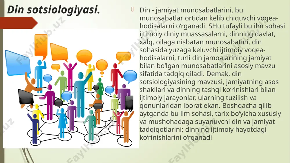 lari - ma’lum millatga xos bo‘lib, boshqa millat vakillari o‘ziga qabul qilmaydigan dinlar. ularga yahudiylik (yahudiy millatiga xos), hinduiylik (hindlarga xos), konfutsiychilik (xitoy millatiga xos), sintoiylik (yaponlarga xos) kiradi; jahon dinlari - dunyoda eng ko‘p tarqalgan, kishilarning millati va irqidan qat’i nazar unga e’tiqod qilishlari mumkin bo‘lgan dinlar. ular safiga odatda buddaviylik, xristianlik va islom dinlarini kiritadilar. bundan tashqari dinlar ta’limotiga ko‘ra monoteistik - yakkaxudolik (yahudiylik, islom) va politeistik - ko‘pxudolik (hinduiylik, konfutsiychilik) dinlari va h.k.ga bo‘linadi. image1.png image2.png image3.jpg image4.jpg image5.jpg image6.jpg /docprops/thumbnail.jpeg