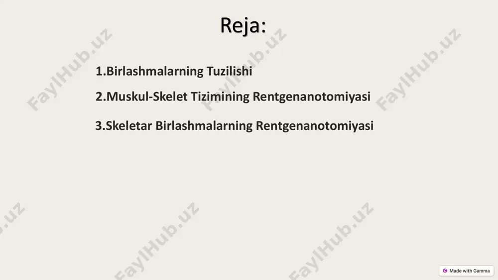 yalarini aniqlash. https://gamma.app/?utm_source=made-with-gamma muskul-skelet tizimining rentgenanotomiyasi 1 suyaklar suyaklarning shakli va o'lchamlari 2 birlashmalar birlashmalarni rentgen tasvirlarida aniqlash 3 musullar muskul guruhlarini tasvirlash https://gamma.app/?utm_source=made-with-gamma skeletar birlashmalarning rentgenanotomiyasi sinartrozlar harakatsiz birlashmalar, masalan, bosh suyagi. amfiartrozlar cheklangan harakatga ega birlashmalar, masalan, umurtqa pog'onasi. diartrozlar erkin harakatlanuvchan birlashmalar, masalan, qo'l-oyoq bo'g'imlari. https://gamma.app/?utm_source=made-with-gamma birlashmalarning rentgenanatomiyasi bo‘yicha qo‘shimcha ma’lumotlar:rentgenanatomiya haqida rentgenanatomiya suyak va bo‘g‘imlarning tuzilishini rentgen nurlari yordamida tahlil qilishni o‘rganadi. bu usul quyidagilarda qo‘llaniladi: 1. norma va patologiyalarni aniqlash:bo‘g‘imlar ichidagi xaftaga, suyuqlik va ligamentlarning holatini baholash. degenerativ kasalliklar (masalan, osteoartrit) yoki jarohatlar (sinish, bo‘g‘imlarning chiqishi) aniqlashda. 2. tashxis:rentgen tasvirlar orqali bo‘g‘imlarning yallig‘lanish jarayonlari, rivojlanish anomaliyalari va shikastlanishlar baholanadi. 3. biomexanika: harakat chegaralarini va bo‘g‘imlarning mexanik funktsiyasini o‘rganish. texnologik yangiliklar kompyuter tomografiyasi (kt) va magnit-rezonans tomografiya (mrt) kabi zamonaviy texnologiyalar rentgenanatomiyani yanada takomillashtirgan. kt suyaklarning uch o‘lchovli tasvirlarini olish imkonini bersa, mrt bo‘g‘im ichidagi to‘qimalar (xaftaga va suyuqlik)ni yaxshi ko‘rsatadi. https://gamma.app/?utm_source=made-with-gamma https://gamma.app/?utm_source=made-with-gamma 1. normal rentgen …