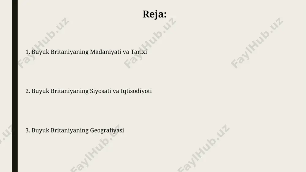 y hayotini namoyish etadi. shekspir, chaucer va byron kabi adabiyot gigantlari buyuk britaniyada tug'ilgan va ularning asarlari butun dunyo bo'ylab 20 dan ortiq tillarga tarjima qilingan. geografiya va tabiat angliya janubidagi oq klifflar (white cliffs of dover) – kreydan tashkil topgan qoyalar, boʻyi 100 metrgacha yetadi va la-mansh boʻgʻozining ajoyib manzarasini taqdim etadi. buyuk britaniyaning eng baland nuqtasi shotlandiyaning shimoliy qismida joylashgan ben nevis togʻidir (1345 metr). mamlakatning geografik joylashuvi shimoliy muhitga ta'sir qiladi. ta'lim tizimi shotlandiya ta'lim tizimi angliyadan biroz farq qiladi, masalan, shotlandiyada higher imtihonlari oʻrta ta'limning asosiy qismi hisoblanadi va 5 yillik boshlangʻich ta'limdan so'ng boshlanadi. buyuk britaniyaning ta'lim tizimi 3 bosqichdan iborat: boshlangʻich (5-7 yosh), oʻrta (11-16 yosh) va oliy ta'lim (18 yoshdan yuqori). oʻrta ta'lim gcse va a-level imtihonlari bilan yakunlanadi. e'tiboringiz uchun rahmat @taqdimot_robot image1.jpg image2.jpg image3.jpg image4.jpg image5.jpg image6.jpg image7.jpg