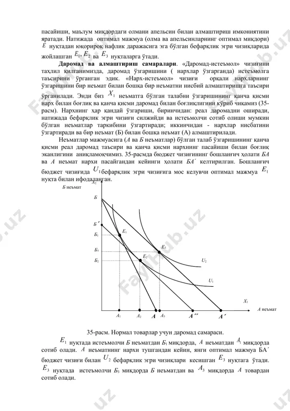 учун даромад самараси. нуқтада истеъмолчи б неъматдан б1 миқдорда, неъматдан миқдорда сотиб олади. неъматнинг нархи тушгандан кейин, янги оптимал мажмуа ба бюджет чизиғи билан бефарқлик эгри чизиқлари кесишган нуқтага ўтади. нуқтада истеъмолчи б3 миқдорда б неъматдан ва миқдорда товардан сотиб олади. демак, неъмат нархининг пасайиши истеъмолчининг реал даромадини, унинг товар сотиб олиш имкониятини оширади, яъни унинг ўз эҳтиёжини қондириш даражасини оширади. бу ерда неъматни истеъмол қилиш ҳажмининг умумий ўзгариши (унинг нархи тушиши ҳисобидан) расмда билан белгиланган. истеъмолчи бошида миқдорда неъматдан сотиб олади, нарх ўзгаргандан кейин сотиб олиш ҳажми га ўзгаради. б товарни сотиб олиш ҳажми 0б1 дан 0б3 га қисқарди. неъмат истеъмолининг умумий ўзгариши га умумий самара дейилади. энди умумий самарани даромад самарасига ва алмаштириш самарасига қандай ажралишни кўрамиз. даромад самарасини аниқлаш учун ба бюджет чизиғига параллел қилиб ба бюджет чизиғини бефарқлик эгри чизиғига уринадиган қилиб ўтказамиз ва бу урилган нуқтани деб белгилаймиз. нуқтага мос келувчи оптимал мажмуадаги неъмат миқдори …
