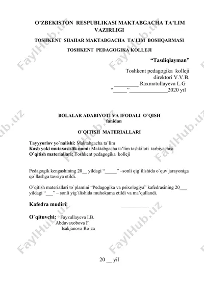 bolalar adabiyoti va ifodali o'qish fanidan — DOC