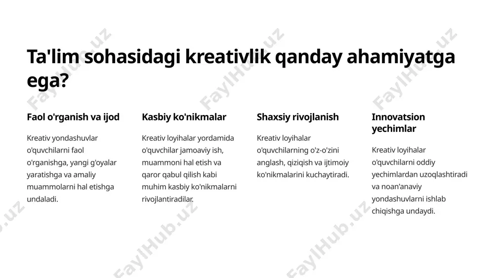 oshiradi. 100% qat'iyat va ishonch kreativ loyihalar o'quvchilarga yangi g'oyalarni sinashga bo'lgan ishonch va qat'iyatni beradi. 9 image1.png image2.png image3.jfif image4.png image5.png image6.png image7.png image8.png image9.png image10.png image11.png image12.png image13.png image14.png image15.png image16.png image17.png image18.png image19.png image20.png