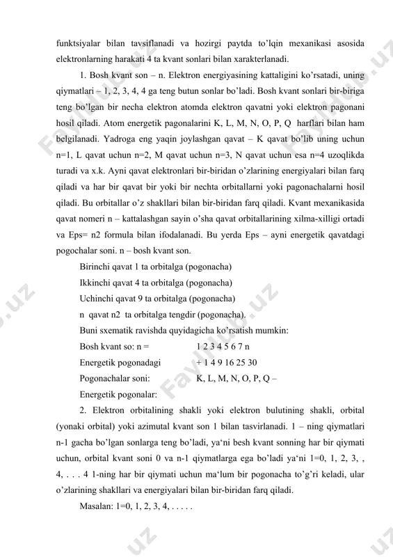 bosh kvant sonlari bir-biriga teng bo’lgan bir necha elektron atomda elektron qavatni yoki elektron pagonani hosil qiladi. atom energetik pagonalarini k, l, m, n, o, p, q harflari bilan ham belgilanadi. yadroga eng yaqin joylashgan qavat – k qavat bo’lib uning uchun n=1, l qavat uchun n=2, m qavat uchun n=3, n qavat uchun esa n=4 uzoqlikda turadi va x.k. ayni qavat elektronlari bir-biridan o’zlarining energiyalari bilan farq qiladi va har bir qavat bir yoki bir nechta orbitallarni yoki pagonachalarni hosil qiladi. bu orbitallar o’z shakllari bilan bir-biridan farq qiladi. kvant mexanikasida qavat nomeri n – kattalashgan sayin o’sha qavat orbitallarining xilma-xilligi ortadi va eps= n2 formula bilan ifodalanadi. bu yerda eps – ayni energetik qavatdagi pogochalar soni. n – bosh kvant son. birinchi qavat 1 ta orbitalga (pogonacha) ikkinchi qavat 4 ta orbitalga (pogonacha) uchinchi qavat 9 ta orbitalga (pogonacha) n qavat n2 ta orbitalga tengdir (pogonacha). buni sxematik …