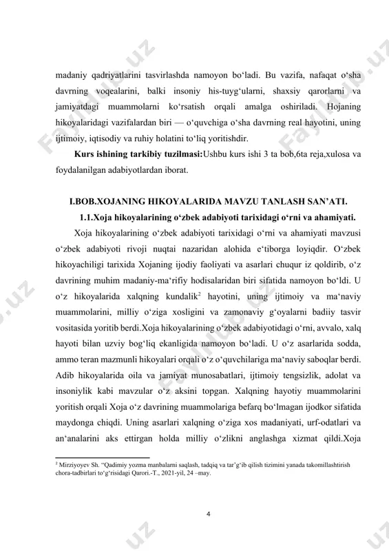 ammo teran mazmunli hikoyalari orqali o‘z o‘quvchilariga ma‘naviy saboqlar berdi. adib hikoyalarida oila va jamiyat munosabatlari, ijtimoiy tengsizlik, adolat va insoniylik kabi mavzular o‘z aksini topgan. xalqning hayotiy muammolarini yoritish orqali xoja o‘z davrining muammolariga befarq bo‘lmagan ijodkor sifatida maydonga chiqdi. uning asarlari xalqning o‘ziga xos madaniyati, urf-odatlari va an‘analarini aks ettirgan holda milliy o‘zlikni anglashga xizmat qildi.xoja hikoyalarining yana bir muhim jihati – ularning tili va uslubi hisoblanadi. adibning tiliga xalqona iboralar, maqol va matallar, xalq og‘zaki ijodidan olingan misralar kirib, ularning boyligi va mazmunan teranligini oshirgan. xalqning kundalik hayoti, uning ichki kechinmalari va ma‘naviy dunyosi xoja hikoyalarida o‘z ifodasini topgan. shu sababli, uning hikoyalari xalq hayotining turfa qirralarini yorituvchi badiiy xazina sifatida qaraladi.xoja hikoyalaridagi mavzularning turli-tumanligi va badiiy tasvirlarning teranligi ularni o‘z davrining boshqa adabiy namunalaridan ajratib turadi. adib o‘z hikoyalarida sodda, ammo mazmun jihatidan boy bo‘lgan tasviriy vositalardan foydalanib, hayotiy voqealarni yoritgan. bu esa o‘quvchilarni hikoya mazmuniga …