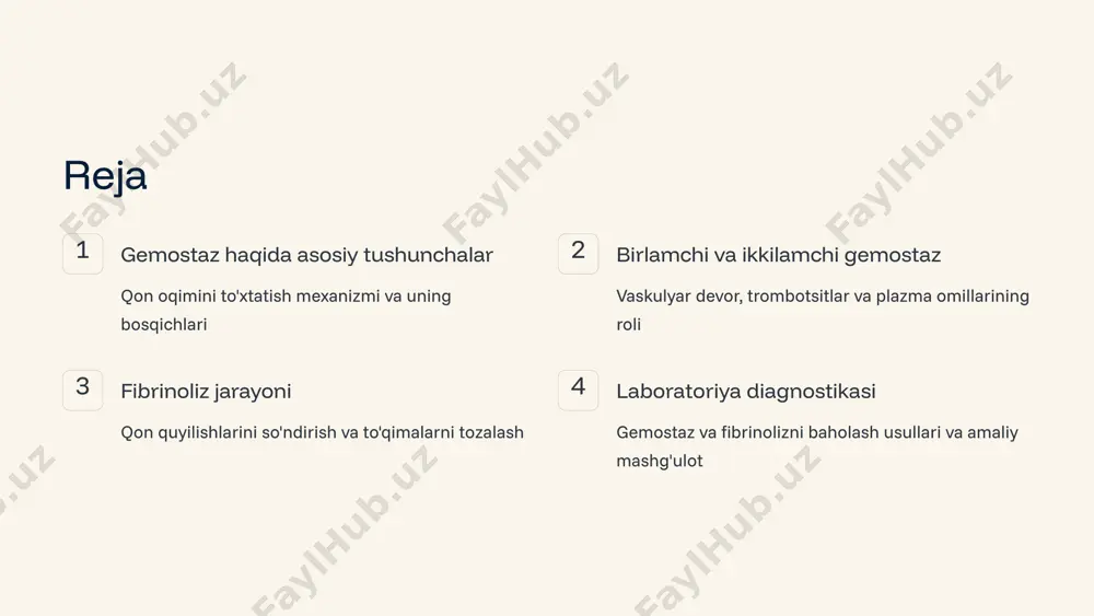 fibrin tarmog'i hosil bo'lishi fibrin iplar trombotsitlarni va qon hujayralarini o'rab, mustahkam qon quyilishini (trombni) hosil qiladi, jarohatni to'liq yopadi. fibrin va qon quyilishining tuzilishi fibrinogendan fibrin tarmoqlarigacha fibrinogen — qon plazmasida erigan holda mavjud bo'lgan 340 kda oqsil molekulasi trombin ta'sirida fibrinogendan fibrinopeptidlar ajralib chiqadi fibrin monomerlar o'zaro bog'lanib, fibrin iplarini hosil qiladi xiiia omili fibrin iplarini ko'ndalang bog'lar orqali mustahkamlaydi natijada hosil bo'lgan uch o'lchamli tarmoq qon hujayralarini ushlab turadi fibrinoliz jarayoni plazminogen faollanishi plazminogen — qon plazmasidagi nofaol zymogen. to'qima plazminogen aktivatori (tpa) yoki urokinaza ta'sirida faol plazminga aylanadi. fibrin parchalanishi plazmin — kuchli proteolitik ferment bo'lib, fibrin iplarini maxsus bog'lardan kesib, fibrin parchalanish mahsulotlarini (fdp) hosil qiladi. to'qimalarni tozalash fibrinoliz jarayoni yaralar bitishi va to'qimalar tiklanishi uchun zarur bo'lgan ortiqcha qon quyilishlarini bartaraf etadi. fibrinolizni boshqarish fibrinoliz jarayonining murakkab boshqaruvi aktivatorlar: tpa (to'qima plazminogen aktivatori) endotelial hujayralar tomonidan chiqariladi urokinaza (upa) — buyrak, makrofaglar va boshqa …