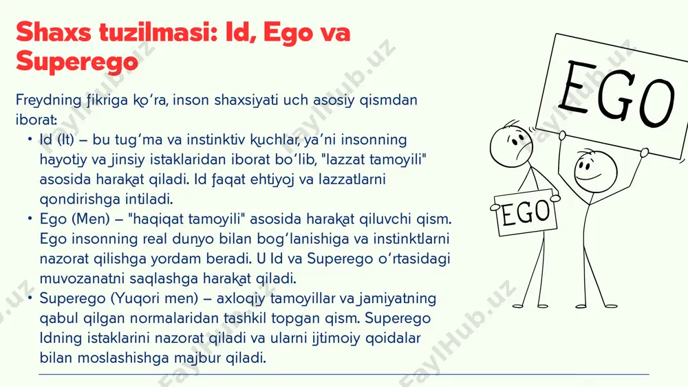 ritilgan yangi tushuncha bo‘lib, bu insoniyatning umumiy ongsiz tajribasi hisoblanadi. kollektiv ongsiz barcha insonlarda bir xil bo‘lib, u arxetiplar orqali ifodalanadi. bu qadimiy ramzlar va tushunchalar insoniyat tarixida saqlanib qolgan va ularning shaxs rivojlanishiga ta’sir qiladi. shaxsiy va kollektiv ongsiz arxetiplar arxetiplar — bu shaxsiyatning ibtidoiy va universal namunalaridir. ular kollektiv ongsizda saqlanadi va bizning fikrlash va his qilish usulimizga ta’sir qiladi. yung shaxsiyatni tashkil qiluvchi asosiy arxetiplarni ajratib ko'rsatgan: ona arxetipi — ona yoki onalik g‘oyasi hamma odamlarda mavjud bo‘lgan universal arxetipdir. u tabiat, ona yer va hayot beruvchi kuch bilan bog‘liq. qahramon arxetipi — insonning mashaqqatlar bilan kurashib, g‘alaba qozonadigan qahramon obrazidir. soyalar — insonning o‘zida yashirin va ko'pincha ijtimoiy jihatdan qabul qilinmaydigan tomonlarini ifodalaydi. bu arxetip bizning ko‘rishni istamagan yoki rad etgan tomonlarimizdir. anima va animus — bu jinsiy qarama-qarshilik arxetipidir. anima erkaklarning ongsizidagi ayollik tamoyili bo‘lsa, animus ayollarning ongsizidagi erkaklik tamoyili sifatida ko‘riladi. individuatsiya jarayoni yungning …