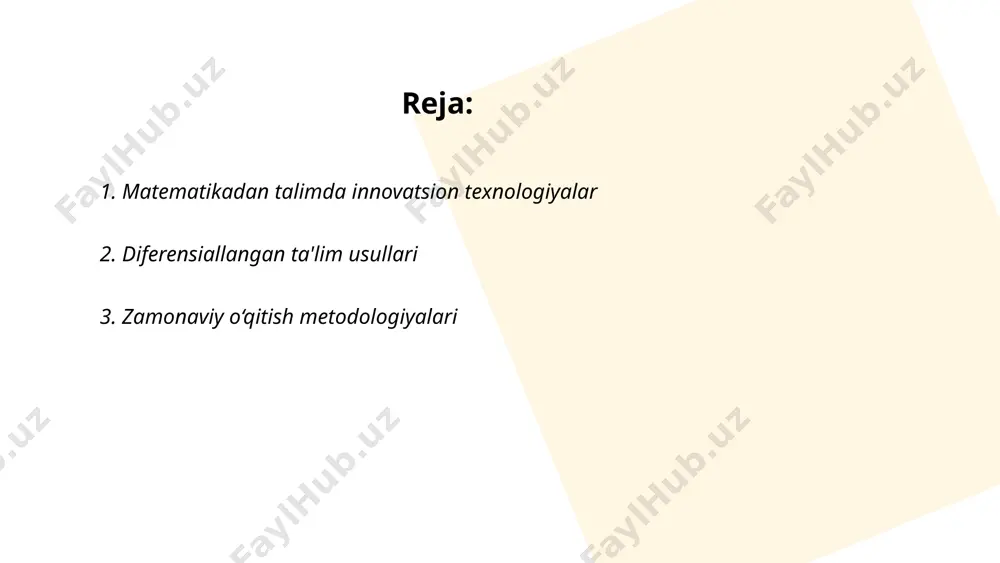 ihalar taklif qilinishi mumkin. bu usulda o'qituvchi o'quvchilarning o'qish tezligi va uslubini hisobga olib, guruhli yoki individual mashg'ulotlar o'tkazadi. shu tariqa, har bir o'quvchining rivojlanishi uchun mos sharoit yaratiladi, o'quvchilar bilim olish jarayonida o'zlarini qulay his qilishadi. bu usullar o'qituvchidan yuqori darajada e'tibor va individual yondashuvni talab qiladi. ... t.me/slaydai_bot zamonaviy o‘qitish metodologiyalari bilan tanish bo‘lish muhimdir. xxi asrda ta'limda interaktiv metodlar keng qo‘llanilmoqda. aktdan foydalangan holda 70% gacha o‘quvchi qiziqishini oshirish va o‘zlashtirishni 50% dan ko‘proq yaxshilash mumkin. finnlandiya va singapur kabi ilg‘or ta'lim tizimlari shu metodlarga asoslanadi. zamonaviy metodologiyalarda kolaborativ ta'lim, loyiha asosida o‘qitish va gamifikatsiya keng qo‘llaniladi. o‘quv faoliyatining 80% ga yaqini amaliy o‘yinlar va guruhlarda ishlash orqali amalga oshiriladi. bunday yakuniy natijalar 40% ko‘proq bilimni eslab qolish imkonini beradi. shu bilan birga, elektron ta'lim platformalari, masalan, moodle va google classroom orqali ta’lim jarayonlari tashkil etilmoqda. bu metodlar talabalarning tanqidiy fikrlash va muammolarni hal qilish qobiliyatlarini 60% …