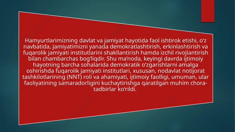 shtirish bo‘yicha qo‘shimcha chora-tadbirlar to‘g‘risida”, joriy yil 16 apreldagi “diniy-ma’rifiy soha faoliyatini tubdan takomillashtirish chora-tadbirlari to‘g‘risida”, 2018 yil 2 fevraldagi “xotin-qizlarni qo‘llab-quvvatlash va oila institutini mustahkamlash sohasidagi faoliyatni tubdan takomillashtirish chora-tadbirlari to‘g‘risida”, 2017 yil 17 noyabrdagi “hunarmandchilikni yanada rivojlantirish va hunarmandlarni har tomonlama qo‘llab-quvvatlash chora-tadbirlari to‘g‘risida”, 2017 yil 27 iyuldagi “o‘zbekiston respublikasi prezidentining istiqbolli yosh pedagog va ilmiy kadrlarning malakasini oshirish “iste’dod” jamg‘armasi faoliyatini yanada takomillashtirish to‘g‘risida”, 2017 yil 5 iyuldagi “yoshlarga oid davlat siyosati samaradorligini oshirish va o‘zbekiston yoshlar ittifoqi faoliyatini qo‘llab-quvvatlash to‘g‘risida”, 2017 yil 19 maydagi “millatlararo munosabatlar va xorijiy mamlakatlar bilan do‘stlik aloqalarini yanada takomillashtirish chora-tadbirlari to‘g‘risida”, 2017 yil 3 fevraldagi “mahalla institutini yanada takomillashtirish chora-tadbirlari to‘g‘risida” hamda 2016 yil 28 dekabrdagi “o‘zbekiston faxriylarni ijtimoiy qo‘llab-quvvatlash “nuroniy” jamg‘armasi faoliyatini yanada takomillashtirish chora-tadbirlari to‘g‘risida”gi farmonlar qabul qilindi. bundan tashqari, davlatimiz rahbarining 2018 yil 5 apreldagi “o‘zbekiston yozuvchilar uyushmasi faoliyatini yanada takomillashtirish chora-tadbirlari to‘g‘risida” hamda 2017 yil 28 iyuldagi …
