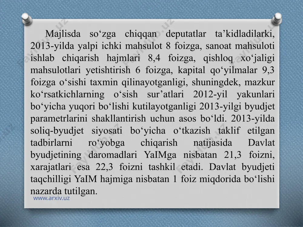 ilgan. www.arxiv.uz muhokama davomida bildirilgan fikr-mulohazalarni hisobga olgan holda oliy majlis qonunchilik palatasi o‘zbekiston respublikasining 2013-yilgi davlat byudjetini ma’qullab va tasdiqlab, tegishli qaror qabul qildi. o‘zbekiston respublikasi oliy majlisi qonunchilik palatasi axborot xizmati www.arxiv.uz hisob va iqtisodiy tahlil xo`jalikni boshqarishda asosiy vosita bo`lishi kerak. binobarin, korxonalar, konsernlar, birlashmalarni mahsulot ishlab chiqarish jarayoni va natijalari kundalik hisob va hisobotda o`z aksini topadi. demak, iqtisodiy tahlil korxonalar faoliyatini nazorat qilishda, xo`jalik hisobini mustahkamlashda, iqtisodiy tejamni o`tkazishda, texnika taraqqiyotini jadallashtirishda, ilg’or tajribalarni tarqatishga, ish faoliyatida mavjud bo`lgan kamchiliklariga barham berishda va ichki xo`jalik rezervlarini aniqlashda muhim vosita sifatida qo`llaniladi. www.arxiv.uz iqtisodiy tahlil qilish - dialektikaning muhim xususiyatidir. www.arxiv.uz doimo harakat o`zaro aloqa va o`zaro boh`liqlik sabab-oqibat koordinatsiya va subkoordinatsiya qarama-qarshilik miqdor o`zgarishidan sifat o`zgarishi inkorni- inkor va shu kabilardir iqtisodiy tahlil o`z faoliyatida dialektikaning asosiy tamoyillariga asoslanadi. ular quyidagilardan iborat: iqtisodiy hodisalarni o`rganish jarayonida dialektik bilish usuli- tahlil(analiz) va umumiylik (sintez) usullaridan foydalaniladi. …