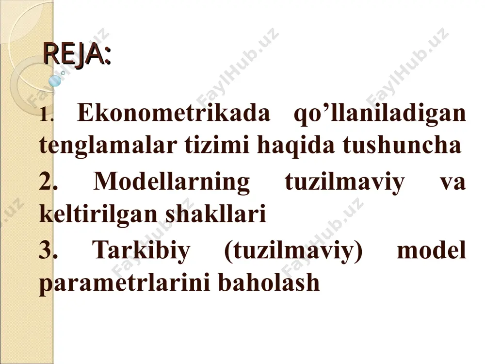 at. ekzogen o’zgaruvchilar odatda (x) sifatida belgilanadi. ular avvaldan aniqlangan, endogen o’zgaruvchilarga ta’sir etuvchi, lekin ularga bog’liq bo’lmagan o’zgaruvchilardir. modelning oddiy tuzilmaviy shakli kuyidagicha ko’rinishga ega: bu erda: u – endogen o’zgaruvchilar; x – ekzogen o’zgaruvchilar. iqtisodiy o’zgaruvchilar bir modelda endogen boshqalarida ekzogen o’zgaruvchilar sifatida qatnashishi mumkin. endogen o’zgaruvchilarining o’tgan davrdagi qiymatlari ham ekzogen o’zgaruvchi sifatida qaralishi mumkin. masalan, joriy yildagi iste’mol (ui) faqat qator iqtisodiy omillarga bog’liq bo’lmasdan o’tgan yildagi iste’mol darajasi (ui-1)ga ham bog’liq bo’lishi mumkin. modellarning tuzilmaviy shakli har qanday ekzogen o’zgaruvchining o’zgarishini endogen o’zgaruvchining qiymatiga ta’sirini ko’rish imkonini beradi. modelning tuzilmaviy shaklida o’ng qismidagi endogen va ekzogen o’zgaruvchilar oldida qatnashuvchi bi va ai (bu erda bi –endogen o’zgaruvchilari oldidagi koeffitsient, ai ekzogen o’zgaruvchilar oldidagi koeffitsient) koeffitsientlar modelning “tuzilmaviy koeffitsientlari” deb ataladi. modelning keltirilgan shakli endogen o’zgaruvchilar ekzogen o’zgaruvchilarning chiziqli funktsiyalari tizimi sifatida ifodalanadi. 3. tarkibiy (tuzilmaviy) model parametrlarini baholash bir paytli tenglamalar tizimining ko’rinishiga qarab tuzilmaviy …