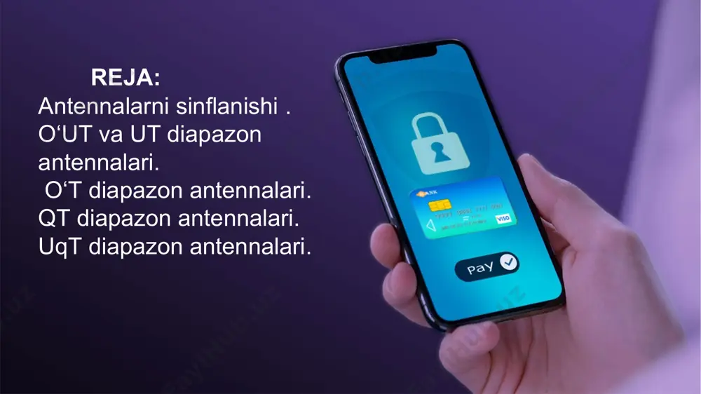 oslanadi. qoidaga binoan ushbu antennalar diapazonli bo‘lishi kerak. bu diapazonning eng oddiy antennasi bo‘lib yarimto‘lqinli vibrator hisoblanadi. bir tomonga yo‘nalgan qabulni ta’minlash uchun, direktorli antennalar ko‘rinishidagi vibratorlar tizimi qo‘llaniladi, u yana to‘lqinli kanal turdagi antenna deb ham atalishi mumkin 2.3-расм. bu turdagi antennalar faqat direktorlar joylashgan tomondan qabul qiladi, ya’ni aktiv vibrator o‘lchamidan kichik bo‘lgan passiv vibrator tomondan qabul qiladi. nazorat savollari: chegaraviy shartlarning zarurati nimada? ikki muhit chegarasidagi vektorlarning normal va urinmaviy tashkil etuvchilari haqida ma’lumot bering? uqt diapazon antennalari ? 4.televizion antennalar normal tashkil etuvchilari uchun chegaraviy ? 5. diapazon antennalari shartlarning ifodalarini keltiring? 6.ideal o‘tkazgich sirtidagi chegaraviy shartlar? 7.ideal dielektrik sirtidagi chegaraviy shartlar? e’tiboringiz uchun raxmat ! image11.jpg image12.png image13.png oleobject1.bin oleobject2.bin image14.png image15.png image2.jpg /docprops/thumbnail.jpeg
