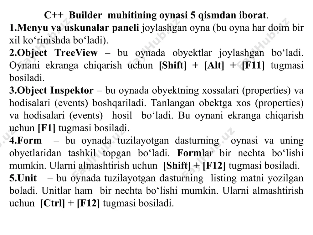 qoridagi 1, 2, 3 va 4 larni operatorlar bilan kiritsa bo`ladi. buning uchun object inspector oynasidan events bo`limiga o`tib, oncreate o`ng tomoniga ikki marta sichqonchani bosib, void __fastcall tform1:: formcreate ( tobject *sender ) prosedurasiga quyidagi listing kiritiladi. caption=“birinchi oynam”; position=poscreencenter; color=clwindow; height=250; width=250; standard bo’limidagi elementlar odatiy dasturlarda ko’p foydalaniladigan elementlar guruhidan tashkil topadi. tframes – frame qo‘shish tmainmenu - menyu yaratish tpopupmenu - lokak menyu yaratish tlabel – metka (matn) qo’shish tedit – ma’lumot kiritish (tahrirlash) tmemo – matnli ma’lumotlarni kiritish (yozish, tahrirlash) tbutton – tugma qo’yish tcheckbox – chek tanlagich qo’yish tradiobutton - radio tugma tanlagich qo’yish tlistbox – ro’yxat qo’yish tcombobox – kombinatsiyalashgan oyna tscrollbar – chapga – o’nga o’tkazish tgroupbox – elementlar guruhini tashkil qilish radiogroup – radio tugma guruhini tashkil qilish panel - guruhini tashkil qilish.