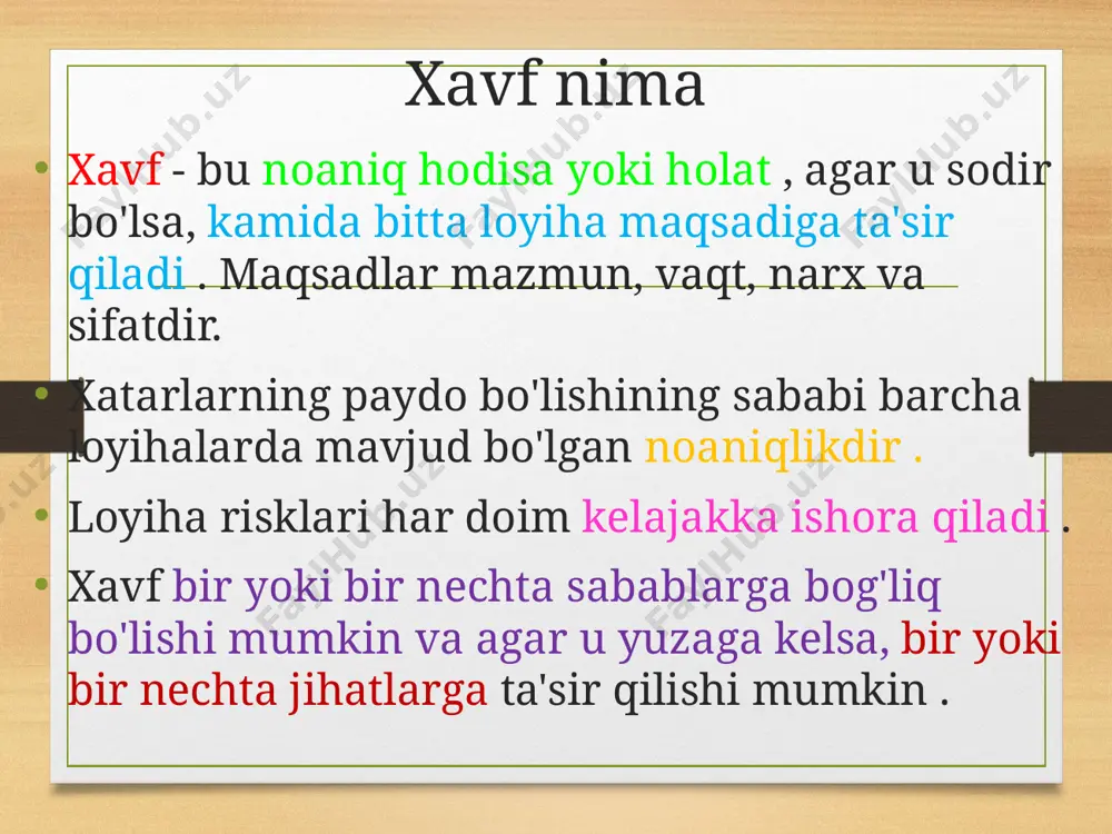 natijalar 1. risklarni boshqarish rejasi loyiha doirasida risklarni boshqarish tizimini va amalga oshirish tartibini tavsiflaydi va quyidagi elementlarni o'z ichiga oladi: metodologiya. muayyan loyihada xavflarni boshqarish uchun ishlatilishi mumkin bo'lgan yondashuvlar, vositalar va ma'lumotlar manbalarini aniqlash. rol va mas'uliyat. byudjetni rivojlantirish . resurslarni taqsimlash va xavfni boshqarish uchun zarur bo'lgan mablag'larni baholash atamalar ta'rifi. xatarlar toifalari . ehtimollar va ta'sir matritsasi. loyiha manfaatdor tomonlarning risklarni qabul qilishga tayyorligi . hisobot formati. kuzatuv. xavfni aniqlash xatarlarni aniqlash - loyihaga ta'sir qilishi mumkin bo'lgan xavflarni aniqlash va ularning xususiyatlarini hujjatlashtirish jarayoni . xavfni identifikatsiya qilish iterativ jarayondir , chunki loyiha hayot aylanishi davomida yangi xavflar aniqlanishi yoki ular haqida ma'lumotlar paydo bo'lishi mumkin. takrorlash chastotasi va har bir tsikldagi ishtirokchilarning tarkibi vaziyatga qarab o'zgaradi. xatarlarni tavsiflash formati bitta xavfning yuzaga kelishi loyihasiga nisbiy ta'sirni boshqa xavflarning tegishli ta'siri bilan taqqoslash imkonini beradigan izchil bo'lishi kerak . loyiha jamoasi xavflar va ularga javob …