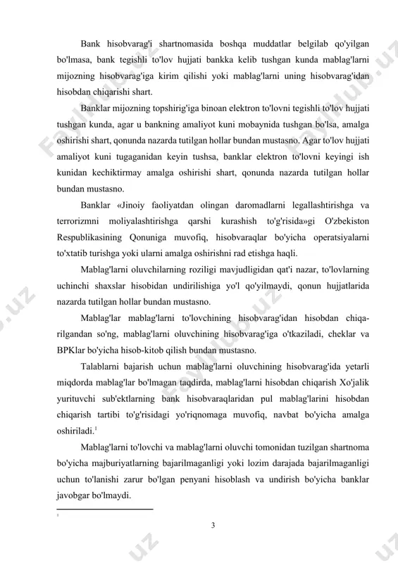 a muvofiq, navbat bo'yicha amalga oshiriladi.[footnoteref:1] [1: ] mablag'larni to'lovchi va mablag'larni oluvchi tomonidan tuzilgan shartnoma bo'yicha majburiyatlarning bajarilmaganligi yoki lozim darajada bajarilmaganligi uchun to'lanishi zarur bo'lgan penyani hisoblash va undirish bo'yicha banklar javobgar bo'lmaydi. mijoz amalga oshirilgan hisob-kitob operatsiyalari bo'yicha yuzaga kelgan barcha masalalar bo'yicha unga xizmat ko'rsatuvchi bankka murojaat qiladi. bank va mijoz o'rtasidagi nizolar ular o'rtasida tuzilgan bank hisobvarag'i shartnomasiga muvofiq hal etiladi. o'zaro kelishuvga erishilmagan taqdirda sud orqali hal etiladi. banklar o'rtasidagi o'zaro hisob-kitoblar markaziy bankning hisob-kitoblar markazida ochilgan vakillik hisobvaraqlaridan markaziy bankning banklararo to'lov tizimi orqali milliy valyutada amalga oshiriladi. markaziy bankning banklararo to'lov tizimi orqali elektron to'lovlar markaziy bankning banklararo to'lov tizimi orqali elektron to'lovlarni amalga oshirish tartibi to'g'risida nizomga muvofiq amalga oshiriladi. bundan tashkri, nizomda hisob-kitob hujjatlarini rasmiylashtirish va ularni ijro qilish, memorial orderlar bilan hisob-kitoblar, to'lov topshiriqnomalari bilan hisob-kitoblar, to'lov talabnomalari bilan hisob-kitoblar, inkasso topshiriqnomalari bilan hisob-kitoblar, akkreditivlar bo'yicha hisob-kitoblar, cheklar bilan …