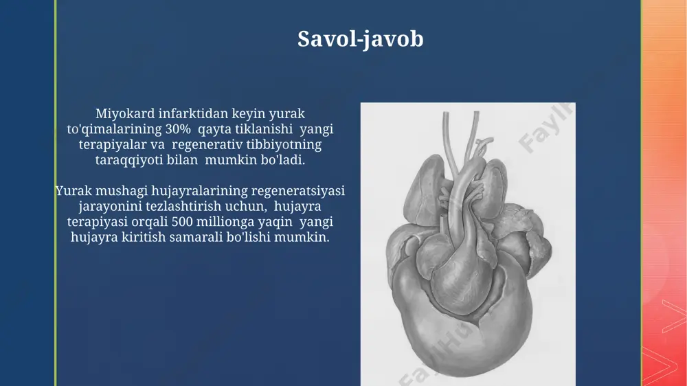 rdamida yurak to'qimalarining regeneratsiyasi jarayonini 30% ga tezlashtirishga imkon beruvchi yangi skffoldlar ishlab chiqilmoqda, bu esa hujayra birikishini va differensiatsiyasini yaxshilaydi. yurak mushagi regeneratsiyasi uchun ishlatiladigan biomühim 3d-bosma texnologiyalar yordamida murakkab tuzilmalarni, masalan, 100 mkm dan kam diametrli tomirlarni yaratish mumkin. angiogenez va yurak to'qimalarining tiklanishi endotelial progenitor xujayralarining (epc) miqdori va faolligi angiogenez darajasini va natijada yurak mushagining tiklanishini belgilaydi. taxminan 10⁶ epc hujayrasi yaxshi natijalar beradi. vegf (tomir endotelial o'sish omili) kabi angiogenik omillar miqdorini ko'paytirish orqali yurak to'qimalarining neovaskulyarizatsiyasi va regeneratsiyasi 50% gacha yaxshilanishi mumkin. hujayra terapiyasi: stamm hujayralarining roli yurak mushagi shikastlanganda, 10-20% gacha bo'lgan hujayralar o'z-o'zini tiklash qobiliyatiga ega, ammo qolganlari uchun hujayra terapiyasi, xususan, stamm hujayralari muhim ahamiyat kasb etadi. induktsiya qilingan pluripotentli stam hujayralar (ipsclar) yurak mushagini regeneratsiyasi uchun katta salohiyatga ega va klinik sinovlarda 50% dan ortiq yaxshilanish kuzatilgan. yurak regeneratsiyasi bo'yicha kelajak istiqbollari yurak mushagining regeneratsiyasi bo'yicha tadqiqotlar 5-10 yil ichida …