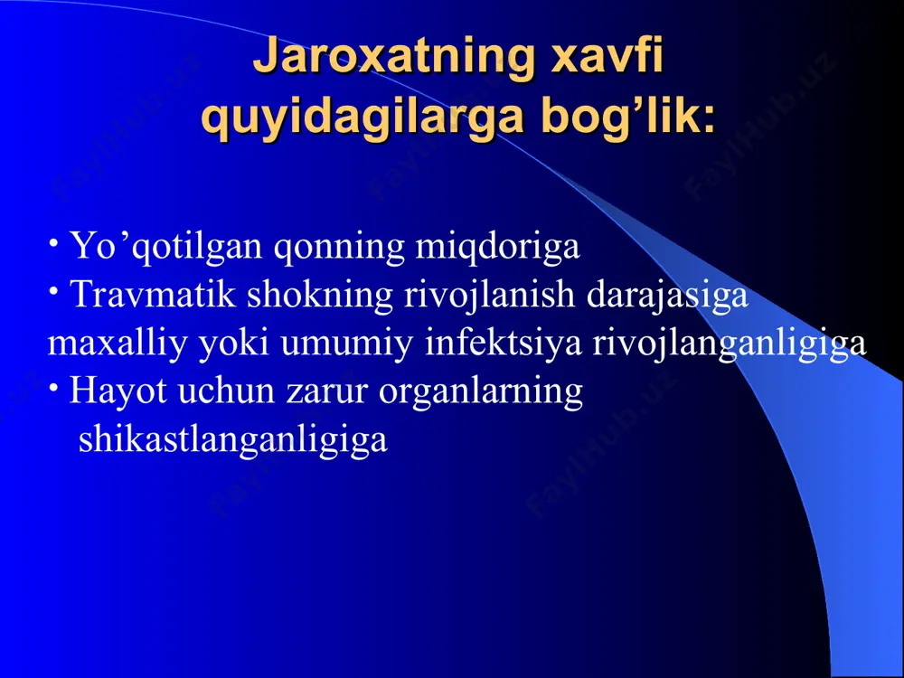 shlov beriladi v) birlamchi –kechiktirilgan choklar infitsirolangan va yiringli jaroxatlarni davolash jaroxatlarga birlamchi xirurgik ishlov berishning qadama qadam bosqichlari : antiseptik bilan jaroxat atrofiga ishlov berish anesteziya antiseptiklar bilan jaroxatni yuvish gemostaz jaroxat reviziyasi yot jismlarni olib tashlash jaroxatni kesib kengaytirish jaroxat chekkalari va tubini kesib olib tashlash gemostaz jaroxatni antiseptik moddalar bilan yuvib tozalash jaroxatga qavatma qavat choklar qo’yish jaroxatga aseptik bog’lam qo’yish jaroxat chekkalari va tubini kesib olib tashlash gemostaz jaroxatga qavatma-qavat choklar qo’yish teriga chok qo’yish jaroxatning birlamchi jarroxlik ishlovi berishdan keyingi ko’rinishi yiringli va infitsirlangan jaroxatlarni davolashda quyidagi chok turlari tafovut qilinadi: birlamchi – kechiktirilgan choklar jaroxatga birlamchi ishlov berishdan 2-4 sutkadan keyin qo’yiladi. ikkilamchi - erta choklar granulyatsion to’qima paydo bo’lgan jaroxatga 2 xaftadan keyin qo’yiladi. ikkilamchi - kechki choklar 3-4 xafta yoki undan kechrok qo’yiladi. jaroxatlarni davolashda qo’llaniladi: ximioterapiya – antibiotiklar, sul'fanilamidlar, lazeroterapiya geliy-neon lazer, so2 lazer baroterapiya - giperbarik oksigenatsiya, oksigenoberoterapiya aeroterapevtik qurilmadagi …