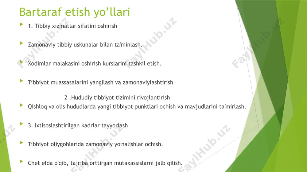 ish holatlari. bartaraf etish choralari va takliflar 1. tibbiy xizmatlar sifati va qulayligini oshirish zamonaviy diagnostika va davolash texnologiyalarini joriy qilish. shifokor va tibbiyot xodimlari malakasini oshirish dasturlarini kengaytirish. tibbiyot muassasalari uchun xizmat ko‘rsatish standartlarini ishlab chiqish. 2. moddiy-texnik bazani yangilash qishloq va tuman poliklinikalarini kapital ta’mirlash va yangi zamonaviy uskunalar bilan jihozlash. davlat va xususiy sheriklik asosida yangi klinikalar ochish. 3. ixtisoslashgan kadrlar tayyorlash va jalb qilish tibbiyot oliygohlarida zamonaviy, talab yuqori ixtisosliklar bo‘yicha yo‘nalishlar ochish. chet elda tahsil olib qaytgan mutaxassislarni rag‘batlantirish. yosh tibbiyot xodimlarini viloyat va qishloq hududlarida ishlashga jalb qilish uchun imtiyoz va rag‘batlar berish. 4. profilaktika ishlarini kuchaytirish sog‘lom ovqatlanish va sport tadbirlarini ommalashtirish. tez-tez tibbiy ko‘rik va sog‘lom turmush targ‘ibotini yo‘lga qo‘yish. aholi uchun bepul sog‘liqni tekshirish kunlarini tashkil etish. 5. raqamlashtirish va elektron tizimlarni rivojlantirish elektron tibbiy kartalarni joriy qilish. masofaviy tibbiy maslahat xizmatlarini yo‘lga qo‘yish. yagona elektron sog‘liqni saqlash platformasi yaratish. xulosa …