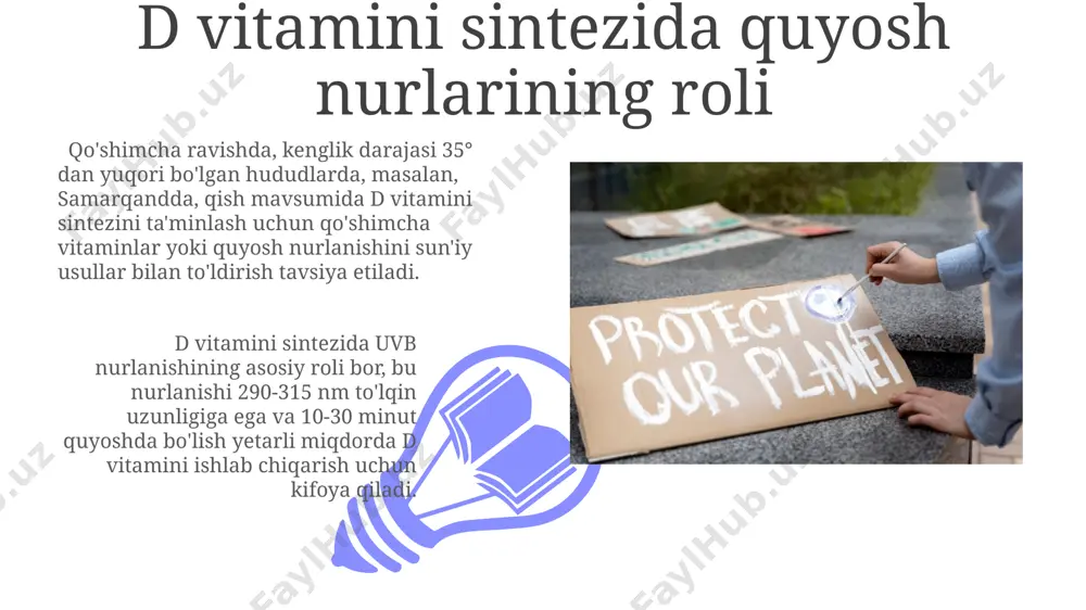 i ultrabinafsha nurlanishi, samarqanddagi suv havzalari kabi ochiq suv havzalarida suvni dezinfektsiyalashda muhim rol o'ynaydi, bakteriyalarni va viruslarni samarali yo'q qiladi. o'rta osiyo hududlarida, xususan buxoro viloyatida, quyosh energiyasidan foydalangan holda suvni tozalash tizimlari 90% gacha zararli bakteriyalarni yo'q qilishga qodir ekanligi isbotlangan. kasalliklarning oldini olishda quyosh nurlarining ahamiyati jahon sog'liqni saqlash tashkilotining ma'lumotlariga ko'ra, kuniga kamida 15 daqiqa quyoshda bo'lish, ayniqsa, qish faslida, influenza va boshqa nafas yo'llari kasalliklariga chalinish xavfini 20% ga kamaytiradi. quyosh nurlarining ta'siri ostida terida d vitamini hosil bo'ladi, bu esa 3000 dan ortiq bolalarda kuzatiladigan raxit kasalligining oldini olishga yordam beradi, ayniqsa, o'zbekistonning quyoshli hududlarida. uy-joylarning havosi va quyosh nuri samarqand viloyatida o'tkazilgan tadqiqotlar shuni ko'rsatdiki, quyosh nurlari ta'sirida havodagi bakteriyalar soni 90% gacha kamayadi, bu esa yuqumli kasalliklar xavfini sezilarli darajada pasaytiradi. namangan shahridagi bolalar bog‘chalarida o'tkazilgan kuzatuvlar, kun davomida quyosh nuriga yetarli darajada ta'sir etgan xonalarda virusli infektsiyalar soni 30% ga kamayganligini …