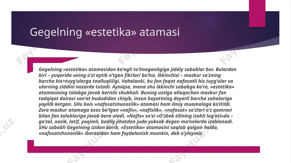 arixidagi dastlabki estetik g’oyalarning paydo bo’lishidan bizni xabardor qiladi. qadimgi misr. estetik tafakkur taraqqiyotiga qadimgi misr madaniyati juda katta hissa qo’shgan. barcha qadimgi xalqlar qatori misrliklar ham go’zallikni hayotda deb bilganlar va uni foydalilik mezoni bilan o’lchaganlar. chunonchi, quyosh ma’budi atonga (milodgacha xy asr) bag’ishlangan alqovlardan birida shunday deyiladi: sening go’zalliging o’zi hayotdir, umr bag’ishlaydi har bir yurakka. o’rta asrlar budda sharqi estetikasi xitoy. o’rta asrlar budda sharqi estetikasida xitoy va yaponiya mutafakkirlarining qarashlari diqqati sazovor. xitoyda, bu davrga kelib, badiiyatning darajalarini belgilaydigan bir necha estetika tasniflar ishlab chiqildi. ulardan biri – to’rt bosqichli tasnif hozir ham o’z ahamiyatini yo’qotgani yo’q. bu to’rt bosqich komillikning to’rt darajasini belgilaydi, u mohiyatan inson takomilining to’rt davriga to’g’ri keladi: 1) texnika borasidagi mahorat; 2) bilim; 3) donishmandlik; 4) ma’naviy uyg’onish. o’rta asrlar musulmon sharqi estetikasi o’rta asrlar musulmon sharqi mutafakkirlari qadimgi dunyo mumtoz estetikasi yo’nalishlari va g’oyalarini davom ettirdilar. ular qadimgi yunon faylasuflari …