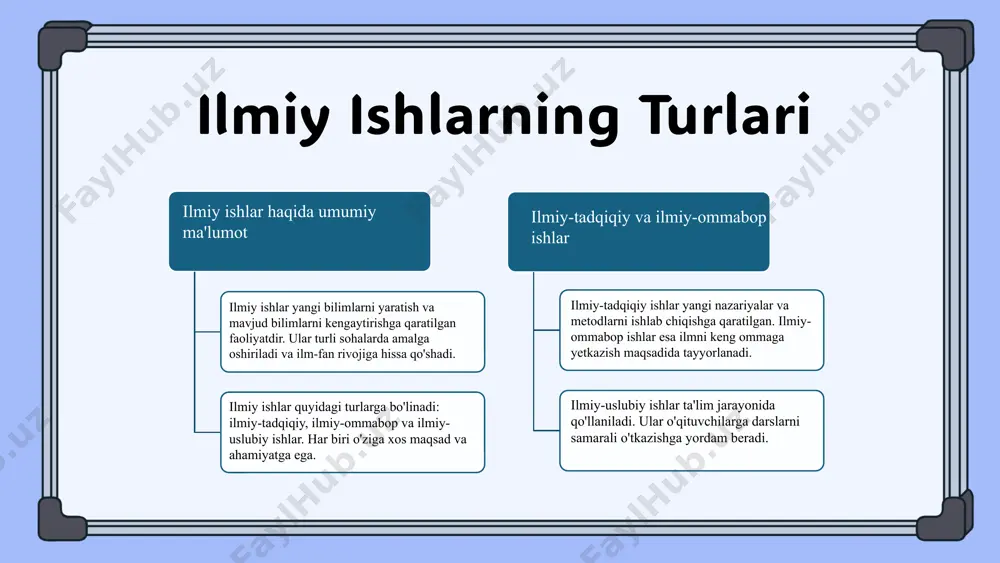 m: ular talabalarga bilimlarni o‘zlashtirishga yordam beradi va o‘qituvchilarni qo‘llab-quvvatlaydi. tahlil ilmiy va o'quv-uslubiy ishlar tahlili ilmiy tadqiqotlar ta'lim jarayonini rivojlantirishda muhim rol o'ynaydi. o‘quv-uslubiy ishlar o'quvchilarga bilim olishda yordam beradi. bosma va elektron adabiyotlar bosma va elektron adabiyotlarning afzalliklari va kamchiliklari tahlil qilindi. ilmiy ishlar va o‘quv-uslubiy adabiyotlar o‘rtasidagi bog‘lanishlar taqdim etildi. foydalanilgan adabiyotlar 1. xodjayeva, n. m. ilmiy tadqiqot va o'quv-uslubiy ishlar: nazariy asoslar va amaliy qo'llanma. buxoro davlat universiteti, 2020 2. jabborov, s. a. o'quv-uslubiy adabiyotlar va ularning ta'lim jarayonidagi o'rni. o'zbekiston milliy universiteti, 2021 3. ismoilov, a. ilmiy tadqiqot ishlarining turlari va xususiyatlari. o'zbekiston respublikasi ta'lim vazirligi, 2022 4. rahmatov, b. o'quv-uslubiy ishlarning zamonaviy talimdagi ahamiyati. o'zbekiston pedagogika jamiyati, 2023 5. siddiqov, u. bosma va elektron o'quv adabiyotlari: taqqoslash va tahlil. o'zbekiston ta'lim kengashi, 2021 e'tiboringiz uchun rahmat! image1.png image2.png image3.png image4.png image5.png image6.png image7.png image8.png image9.png image10.png image11.png image18.png image19.png image20.png image21.png image22.png image23.png
