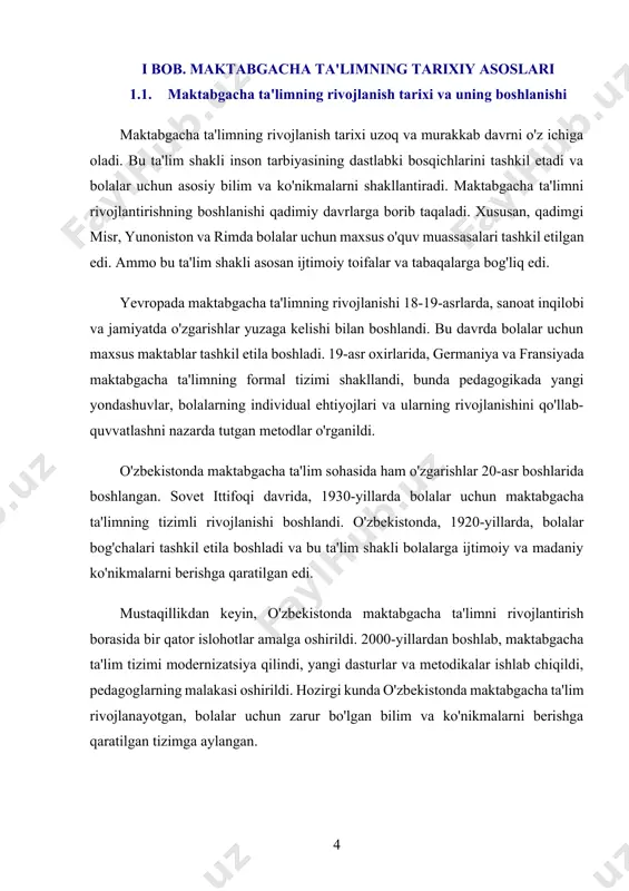 jismoniy rivojlanishini qo'llab-quvvatlashga yo'naltirilgan. maktabgacha ta'limning shakllanishi asosan jamiyatning o'zgarishlari, iqtisodiy rivojlanish va pedagogik yondashuvlarning evolyutsiyasiga bog'liq bo'ldi. o'zbekistonda maktabgacha ta'limning rivojlanishi so'nggi yillarda muhim o'zgarishlarga guvoh bo'lmoqda. birinchi navbatda, maktabgacha ta'lim sohasida zamonaviy tendensiyalar ta'lim sifatini oshirish, pedagogik innovatsiyalarni joriy etish, bolalarning individualliklarini e'tiborga olish va ularning ijtimoiy hayotga tayyorlanishiga alohida e'tibor berishga qaratilgan. zamonaviy pedagoglar bolalarning kreatif fikrlashini rivojlantirish, til o'rganish qobiliyatini oshirish va jismoniy tarbiya bilan shug'ullanishda turli metodlar va texnologiyalarni qo'llashga intilishmoqda. shuningdek, maktabgacha ta'limning modernizatsiyasi bolalarni ertadan boshlab, raqamli texnologiyalar va interaktiv o'quv usullaridan foydalangan holda o'qitishni ham o'z ichiga oladi. bu esa, bolalarning shaxsiy rivojlanishiga keng imkoniyatlar yaratadi va ularning turli sohalarda muvaffaqiyatga erishishlariga yordam beradi. maktabgacha ta'limning zamonaviy rivojlanishi shuningdek, oilaning ta'lim tizimidagi o'rnini kuchaytirish, ularning ta'lim jarayoniga faol ishtirokini ta'minlashga qaratilgan chora-tadbirlarni amalga oshirishni ham o'z ichiga oladi. bu jarayonda ota-onalar va pedagoglar o'rtasidagi samarali hamkorlik muhim ahamiyatga ega. maktabgacha ta'lim sohasidagi …