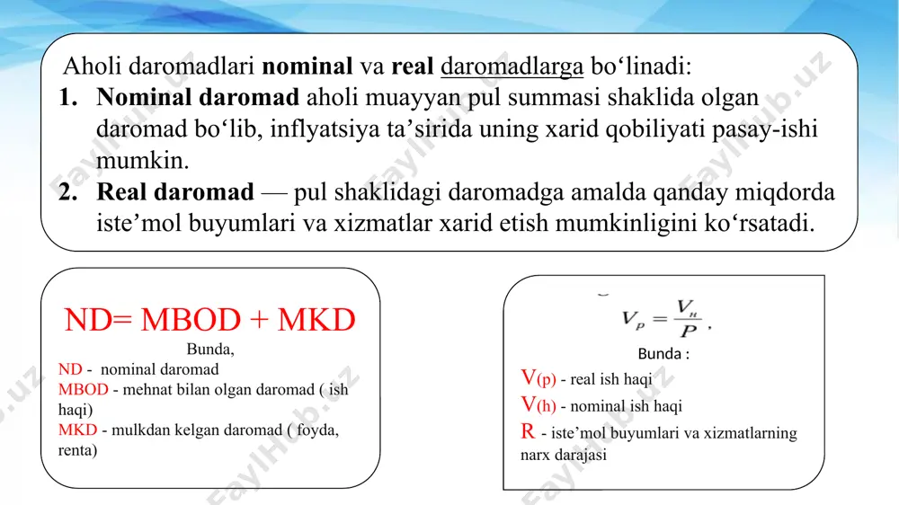 1 foizga o‘sgan bo‘lsa-da, +14,97 foizni tashkil qilmoqda) va ta’lim sohasida — 3,12 million so‘m (bir yil avvalgi 16,5 foizga nisbatan +15,86 foiz) sohalarida saqlanib qolmoqda. “gazeta.uz” avvalroq o‘qituvchilar va shifokorlarning maoshi boshqa sohalarga qaraganda sekin o‘sib borayotgani haqida yozgandi. 2.aholi daromadlari va xarajatlari balansi . aholining turmush darajasi ko'p jihatdan ularning olayotgan daromadlariga bog liq bo'lib, shaxsiy extiyojlarni qondirilish darajasini ifodalaydi. aholi daromadlari - ma'lum vaqt oralig'ida uy xo'jaliklari tomonidan olingan pul va natural formadagi vositalar bo'lib, ular quyidagilarni o'z ichiga oladi: aholi barcha kategoriyalarning mehnat haqi; pensiya, nafaqa, stipendiyalar va boshqa tjtimoiy transfertlar; xususiy tadbirkorlik bilan shug'ullanayotgan shaxslar daromadlari; kreditlar, xorij valyutalarini sotishdan olingan daromadlar;mulkdan olingan daromadlar (masalan, qo'yilmalar, qimmatli qog'ozlar bo'yicha foizlar, devidentlar va h.k.);qishloq xo'jaligi mahsulotlarini sotishdan olingan tushumlar va boshqalar. aholi daromadlari darajasini aniqlash va tarkibini o'rganish uchun qator ko'rsatkichlardan foydalaniladi. dj.xiks ta'limotiga asosan, daromadlarni taqsimlashni har xil jarayonini aks ettiruvchi uy xo'jaliklarining daromadlari ko’rsatkichlari …