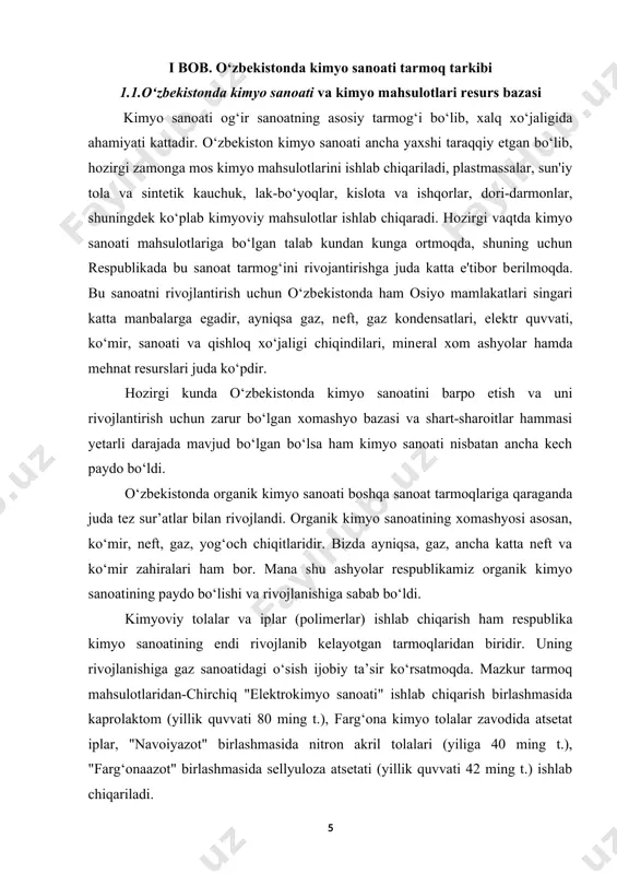 o‘lgan korxonasi qo‘ng‘irot soda zavodi bo‘lib, uning yillik loyiha quvvati 210 ming t. soda. gidroliz korxonalariga farg‘ona furon birikmalari, yangiyo‘l biokimyo, andijon gidroliz zavodlari kiradi. asosiy xom ashyo-chigit shulxasi, sholi qibig‘idan texnik etil spirti, furfurol, ozuqa achitqilari (xamirturush), furil spirti va boshqa mahsulotlar olinadi. o‘tgan asrning 90-yillari boshidan bu zavodlarda g‘alladan oziq-ovqat (etil) spirti ishlab chiqarish o‘zlashtirildi. hozirda oziq-ovqat, tibbiyot, atir upa va boshqa sanoat tarmoqlarini respublikaning o‘zida ishlab chiqarilgan spirt bilan ta’minlash imkoniyati yaratilgan. respublikada plasmassa va propilen mahsulotlarini qayta ishlovchi (ohangaron "santexlit", jizzax plastmassa quvurlari zavodi), turli xil lok-bo‘yoq mahsulotlari (toshkent lok-bo‘yoq zavodida), ro‘zg‘or kimyosi tovarlari ("o‘zro‘zg‘orkimyo" birlashmasi, olmaliq ro‘zg‘or kimyo zavodi, namangan kimyo zavodi), toshkent yog‘moy kombinati tarkibida sintetik yuvish vositalari zavodi ishlab chiqaradigan yirik korxonalar ishlab turibdi. yiliga 125 ming t. polietilen plyonkasi va boshqa mahsulotlar ishlab chiqaradigan sho‘rtan gaz-kimyo majmuasi qurilmoqda. o‘zbekiston kimyo sanoati korxona va birlashmalarida xitoy, aqsh, yaponiya, germaniya va italiya firmalari bilan …