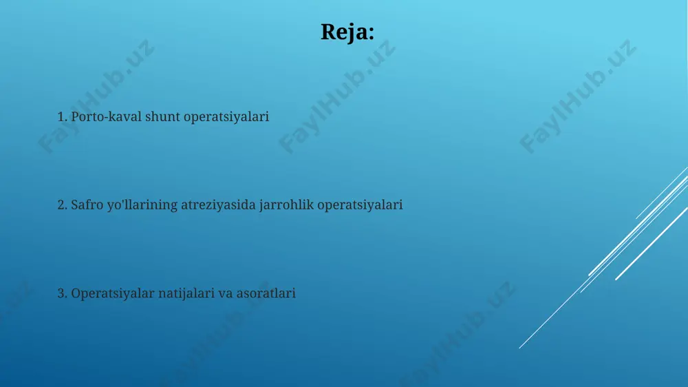 atosellular karsinomani rivojlanishiga yordam beradi va bemorning ahvolini yanada og'irlashtiradi. postoperatsion davr va asoratlar biliary atreziyasi operatsiyalaridan keyin jigar etishmovchiligining rivojlanish xavfi 15-20% ni tashkil etadi, bu esa yuqori darajadagi bilirubin va koagulopatiya bilan namoyon bo'ladi. postoperatsion davrda 5-10% bemorlarda xoletsistostomiya drenajining o'z-o'zidan chiqib ketishi kuzatiladi, bu esa qon ketishi va infektsiyani keltirib chiqarishi mumkin. klinik ko'rinishlar va diagnostika biliyar atreziya bilan og'rigan bemorlarda sariqlikning intensivligi 2-3 hafta ichida kuchayishi, jigarning kattalashuvi va qattiqlashuvi, shuningdek, axlatning gipo- yoki axromiyasi kabi klinik belgilardan kuzatiladi. biliyar atreziyaning aniq diagnostikasi uchun cholecystografiya, magnit-rezonans xoleangografiya (mrx) kabi tasviriy diagnostika usullari va jigar biopsiyasi qo'llaniladi. tibbiy reabilitatsiya tibbiy reabilitatsiyada bemorlarning 70% gacha bo'lgan qismi jarrohlik amaliyotlaridan keyin 6 oy ichida to'liq mehnatga layoqatlilik darajasiga qaytishadi, bu esa reabilitatsiya dasturlarining samaradorligini ko'rsatadi. tibbiy reabilitatsiya davomida kamida 3-4 marta biokimyoviy qon tahlillari o'tkaziladi, bu esa jigar funksiyalarining tiklanishi va davolashning samaradorligini baholashga yordam beradi. portokaeval shunt operatsiyalari: …